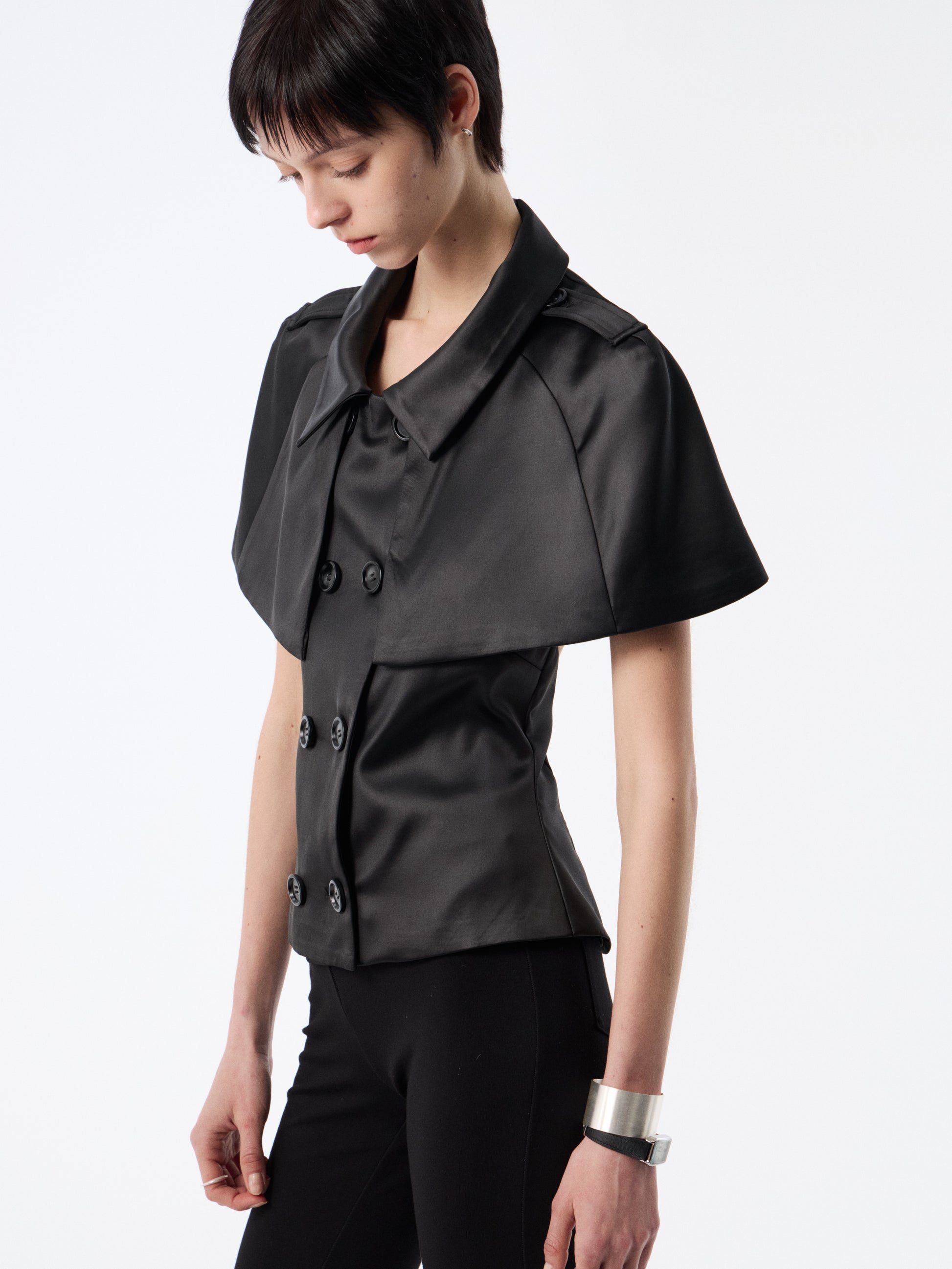SOOGU Black Satin Open-Back Cape Blazer Top - product view 2
