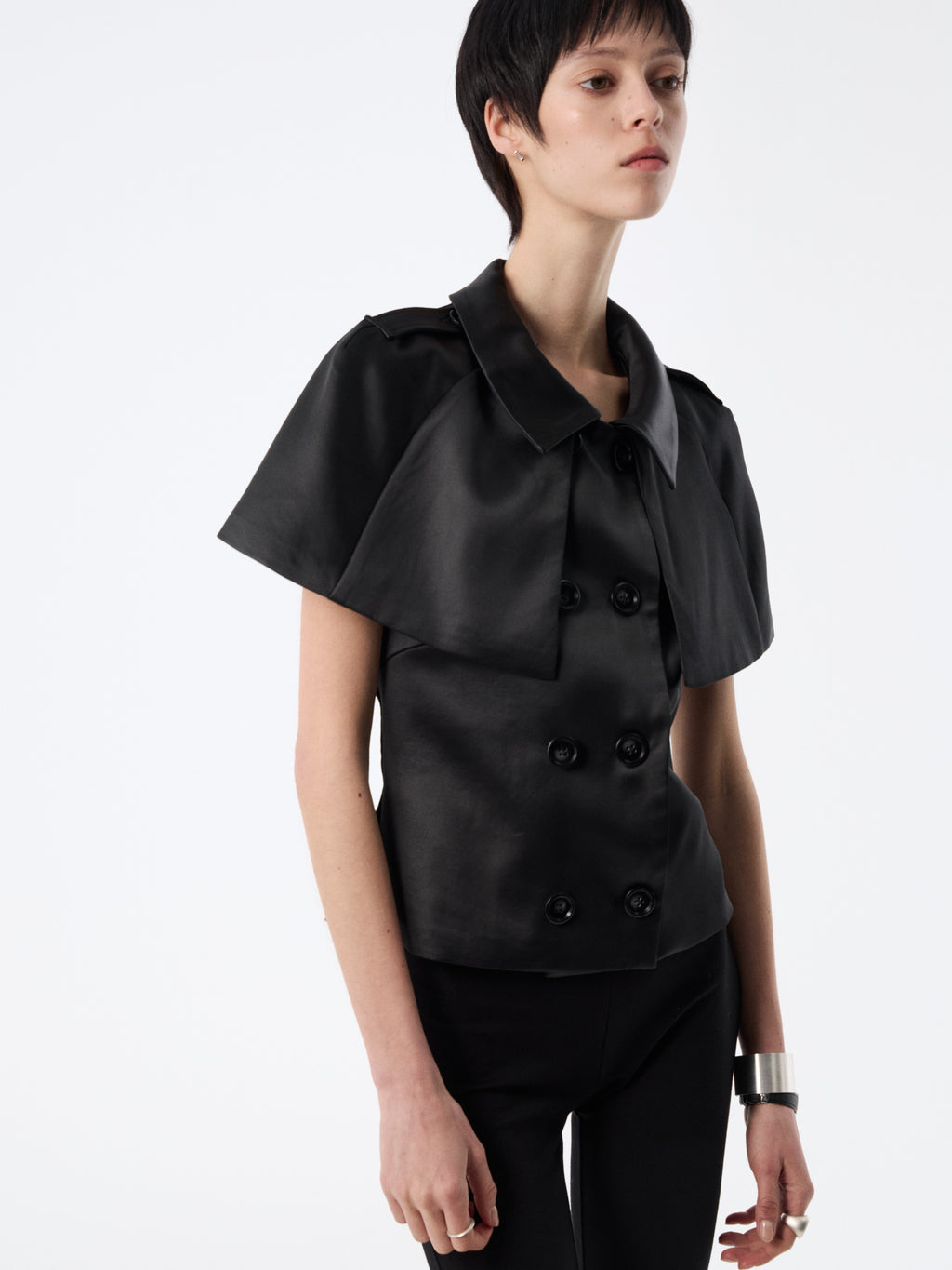 SOOGU Black Satin Open-Back Cape Blazer Top - product view 9