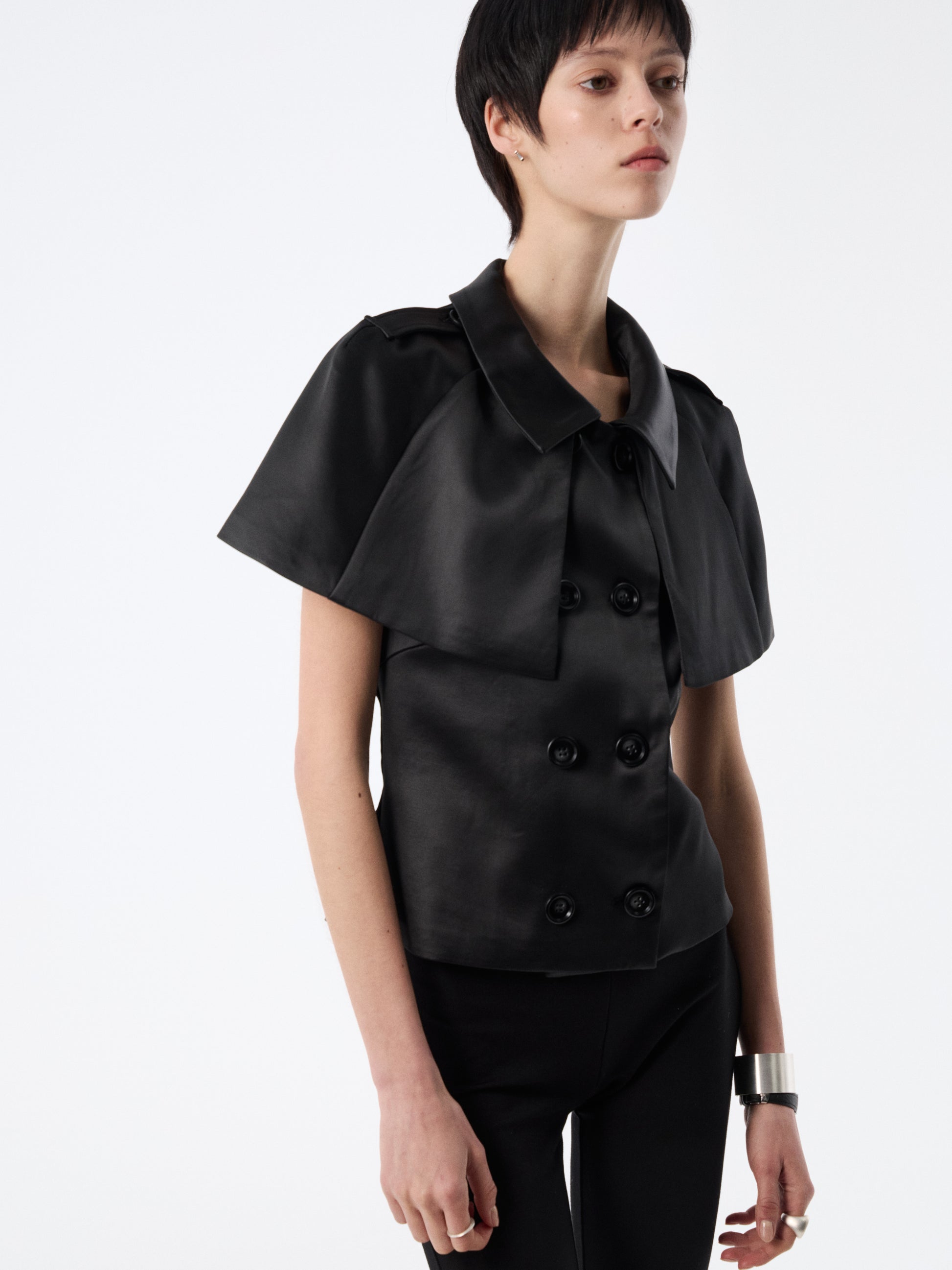 SOOGU Black Satin Open-Back Cape Blazer Top - product view 9