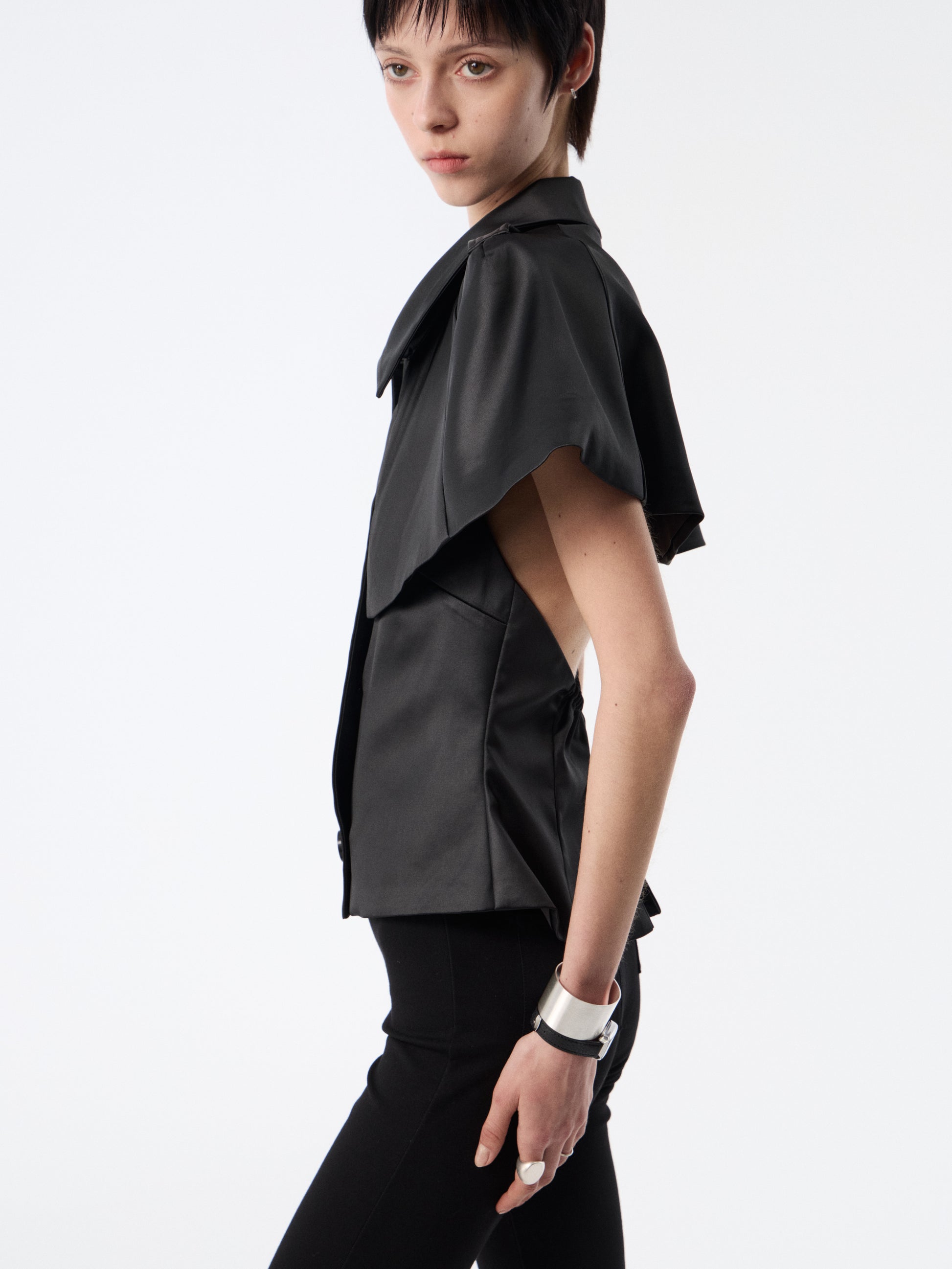 SOOGU Black Satin Open-Back Cape Blazer Top - product view 10