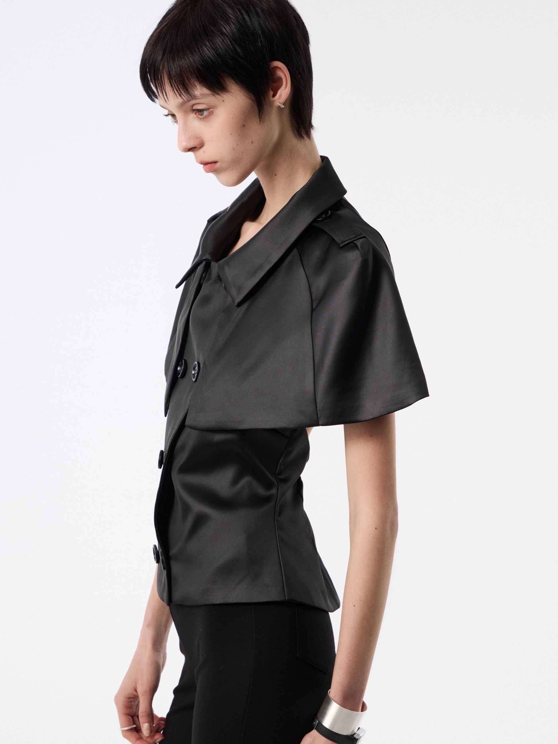 SOOGU Black Satin Open-Back Cape Blazer Top - product view 11