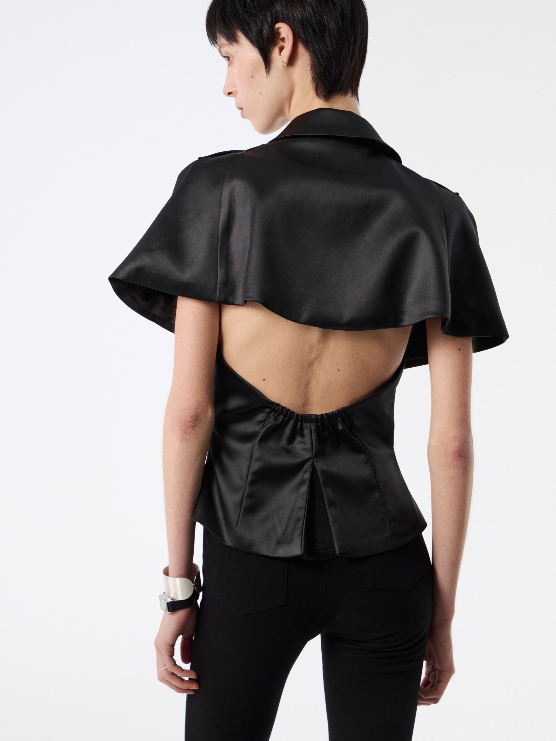 SOOGU Black Satin Open-Back Cape Blazer Top - product view 12