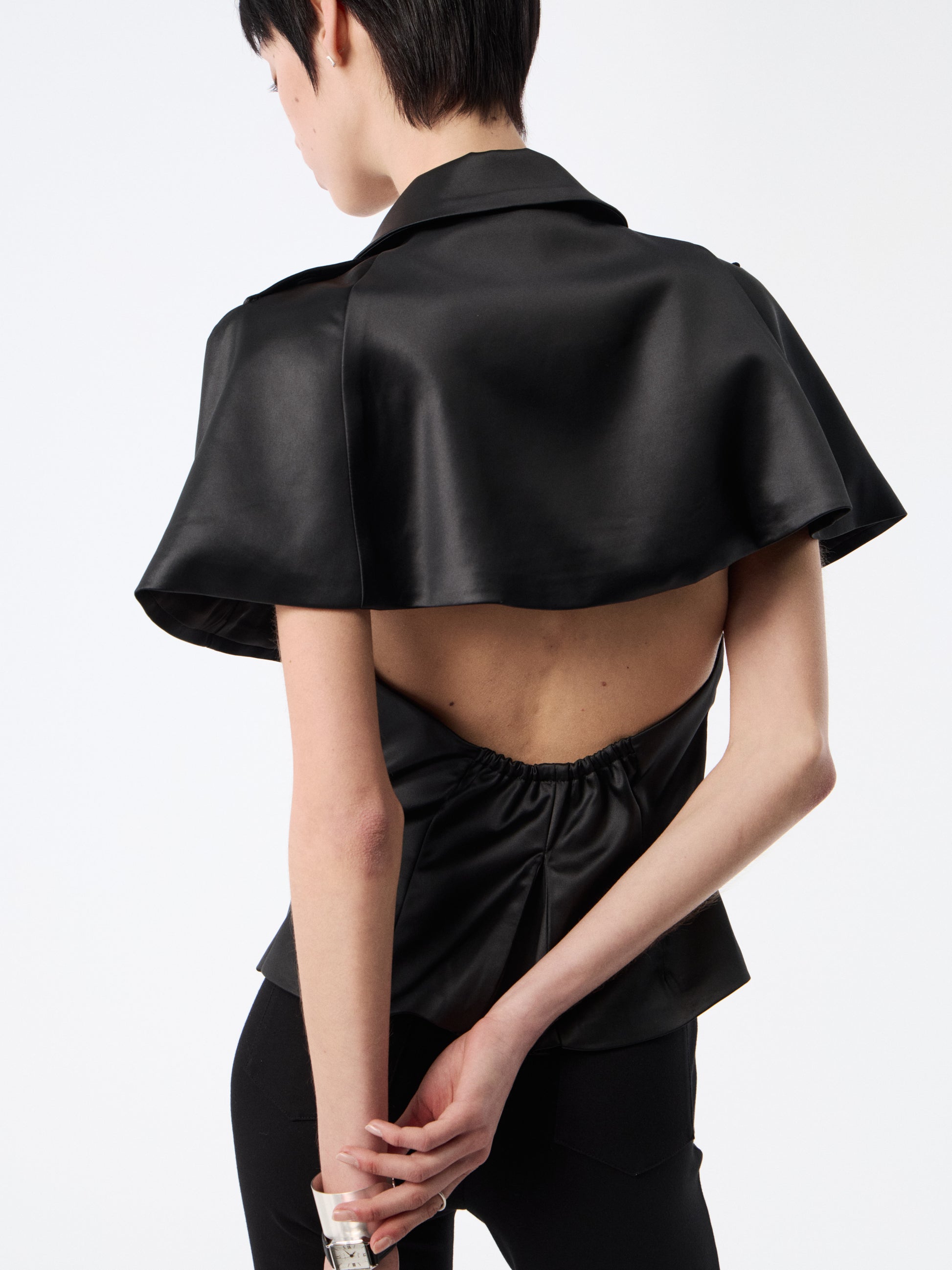 SOOGU Black Satin Open-Back Cape Blazer Top - product view 13