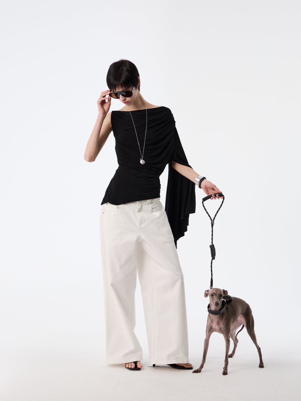 Black Drape-Shoulder Convertible Top | Ruched Cowl Neck Waist-Sculpting Blouse