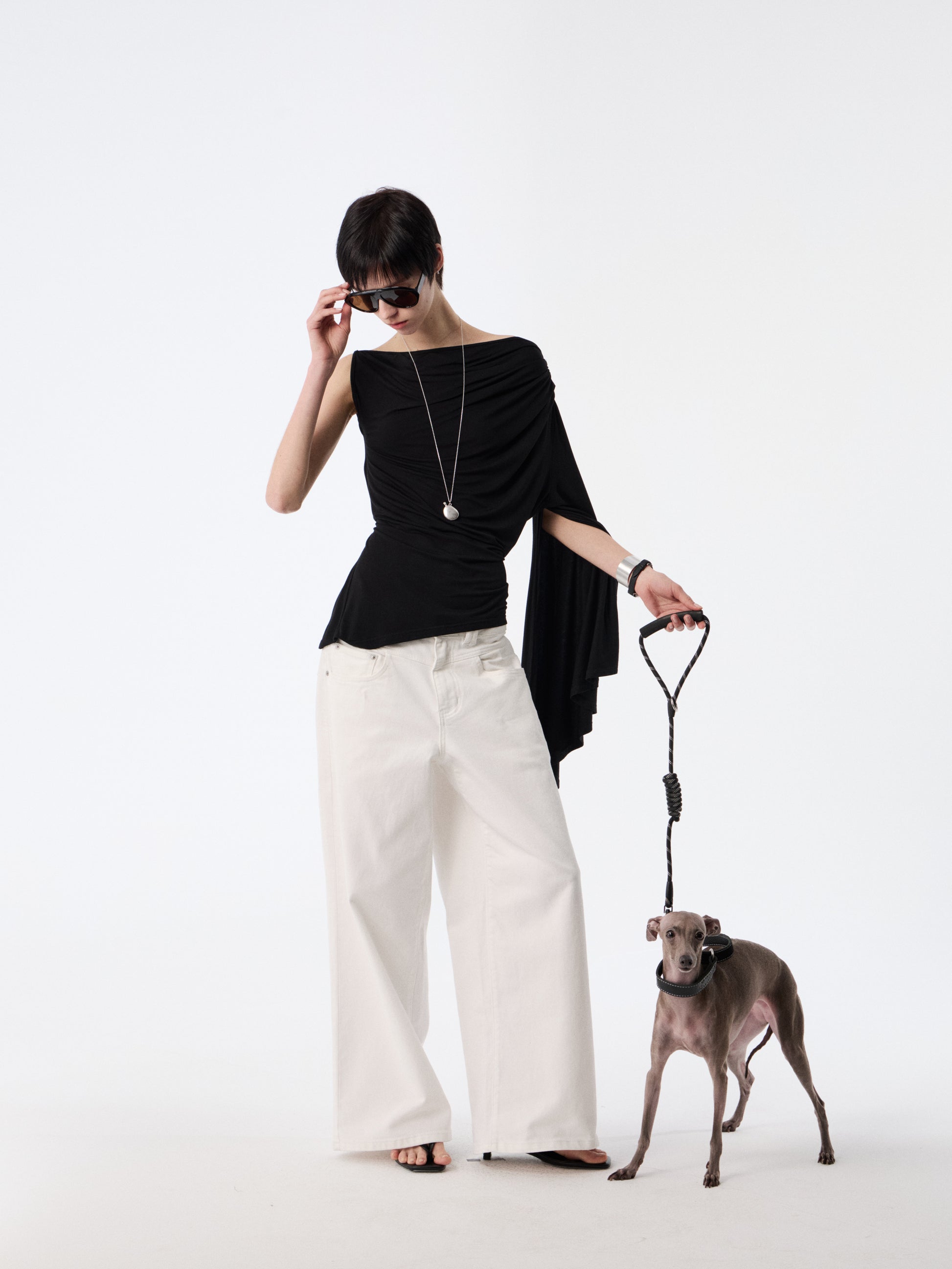 Black Drape-Shoulder Convertible Top | Ruched Cowl Neck Waist-Sculpting Blouse