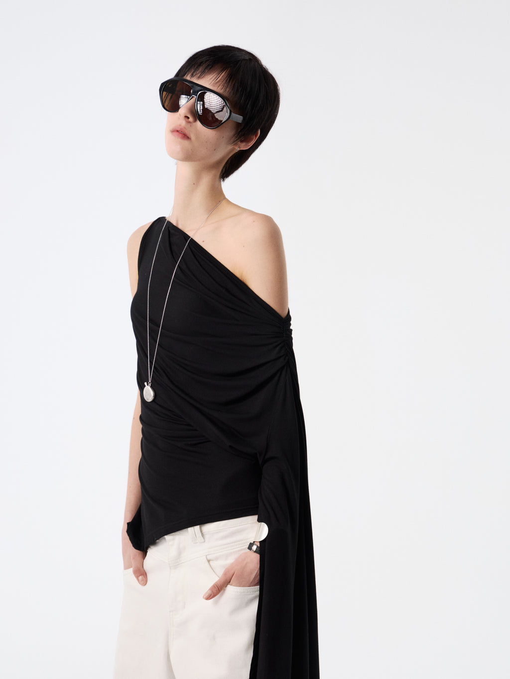 Black Drape-Shoulder Convertible Top | Ruched Cowl Neck Waist-Sculpting Blouse