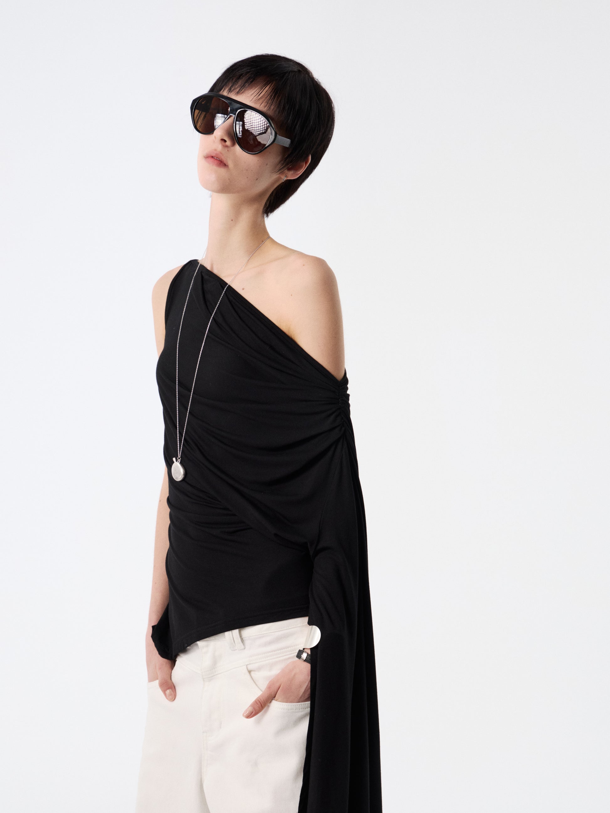 Black Drape-Shoulder Convertible Top | Ruched Cowl Neck Waist-Sculpting Blouse