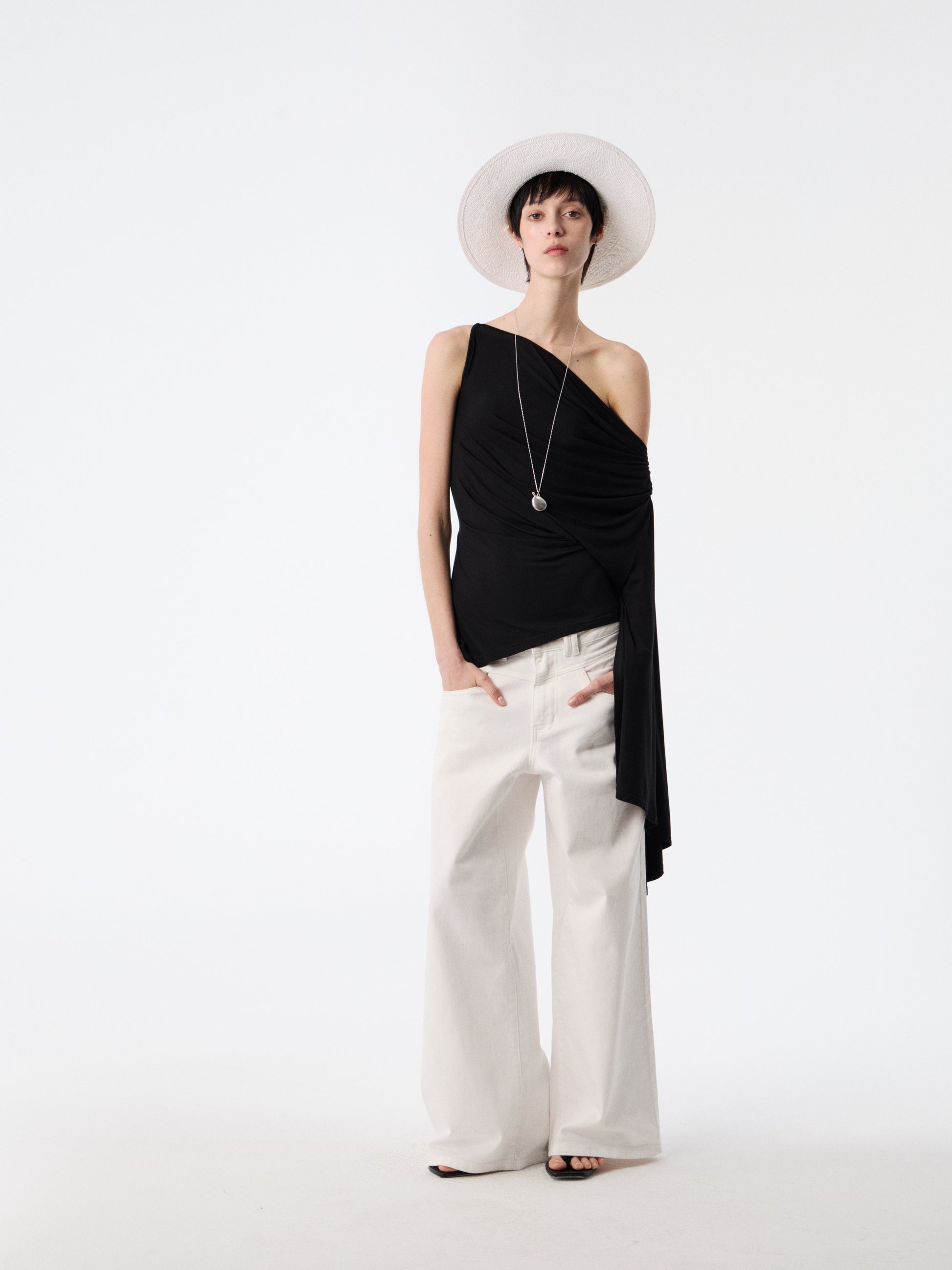 Black Drape-Shoulder Convertible Top | Ruched Cowl Neck Waist-Sculpting Blouse