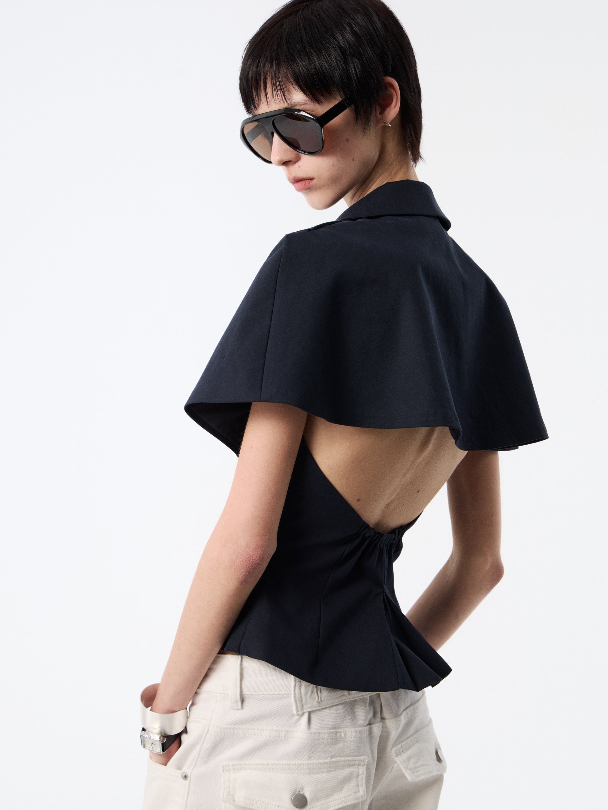 SOOGU Navy Open-Back Cape Blazer Top - product view 1