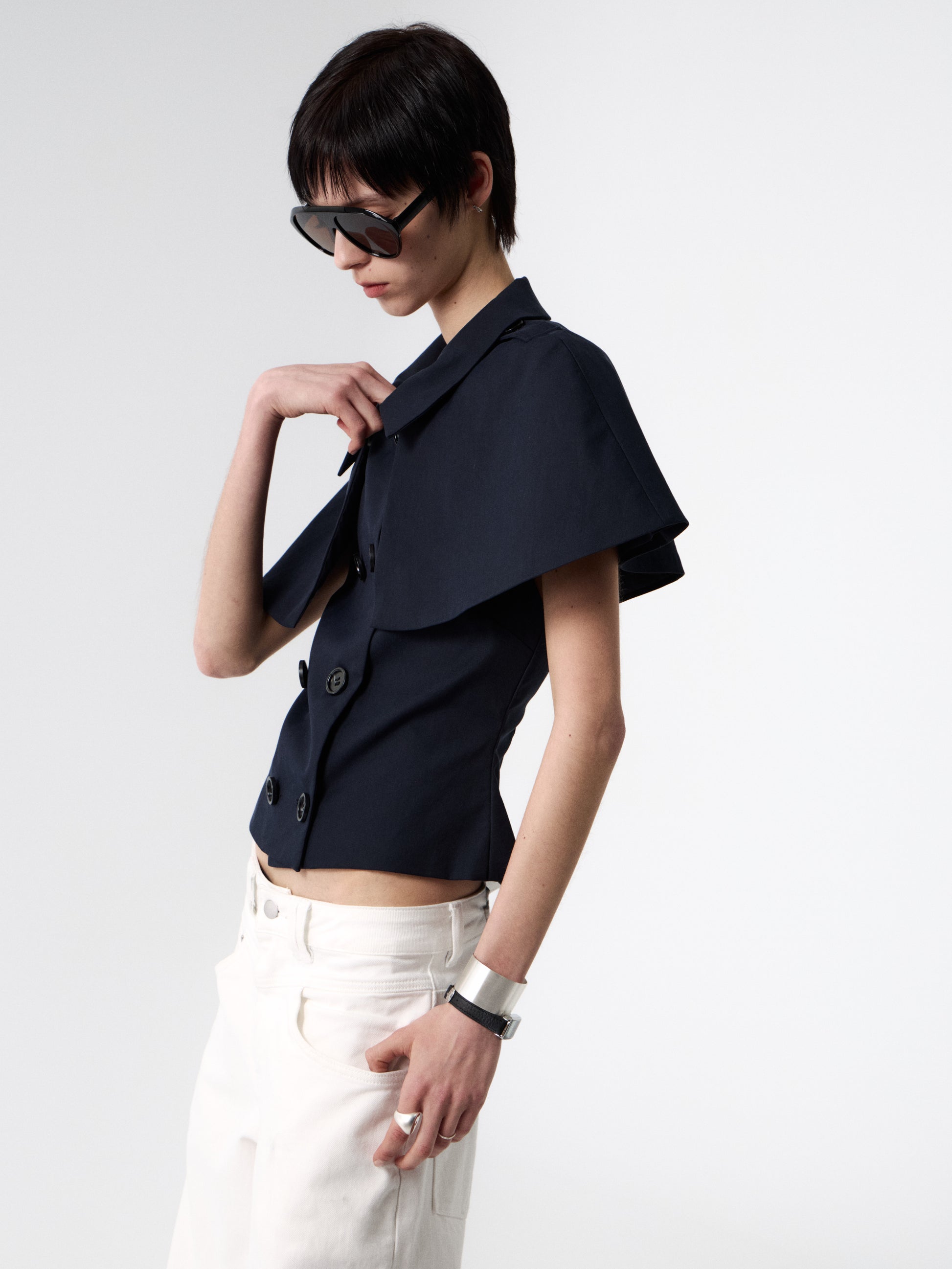 SOOGU Navy Open-Back Cape Blazer Top - product view 6