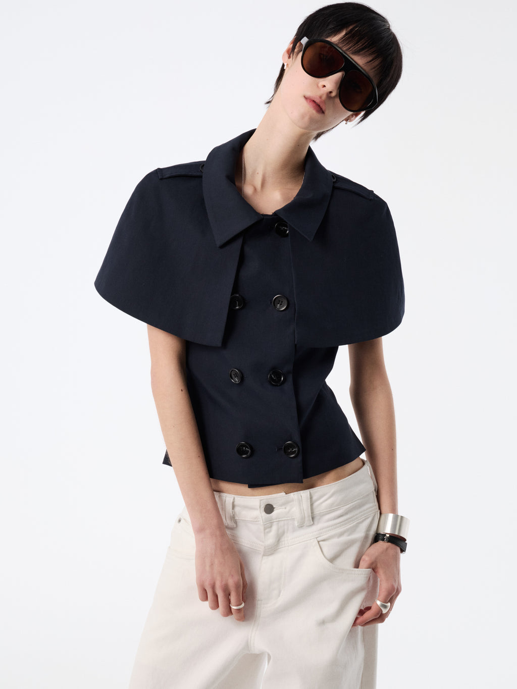 SOOGU Navy Open-Back Cape Blazer Top - product view 4