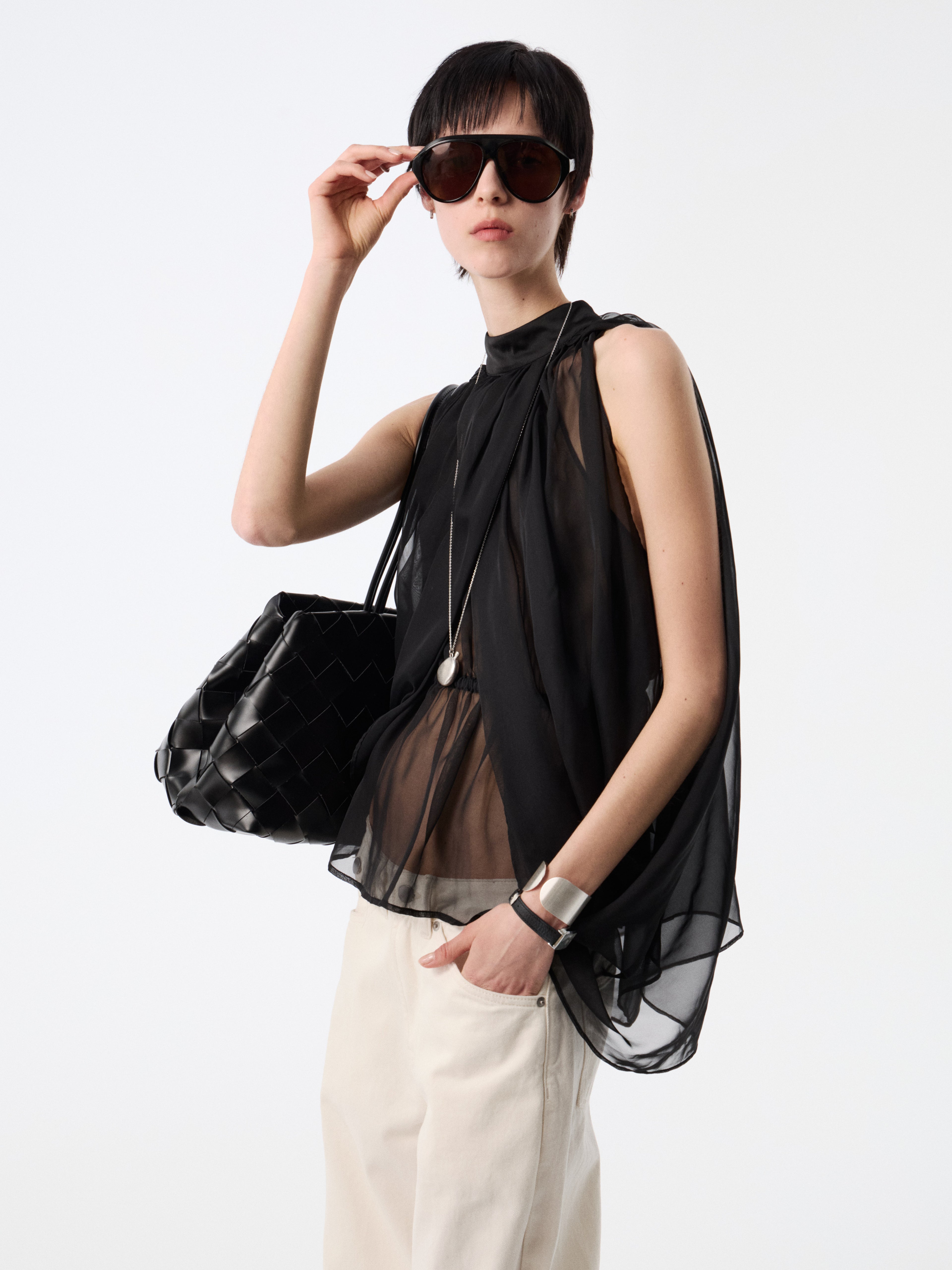 Black Sheer Air Cape Top | Convertible Halter Layering Blouse