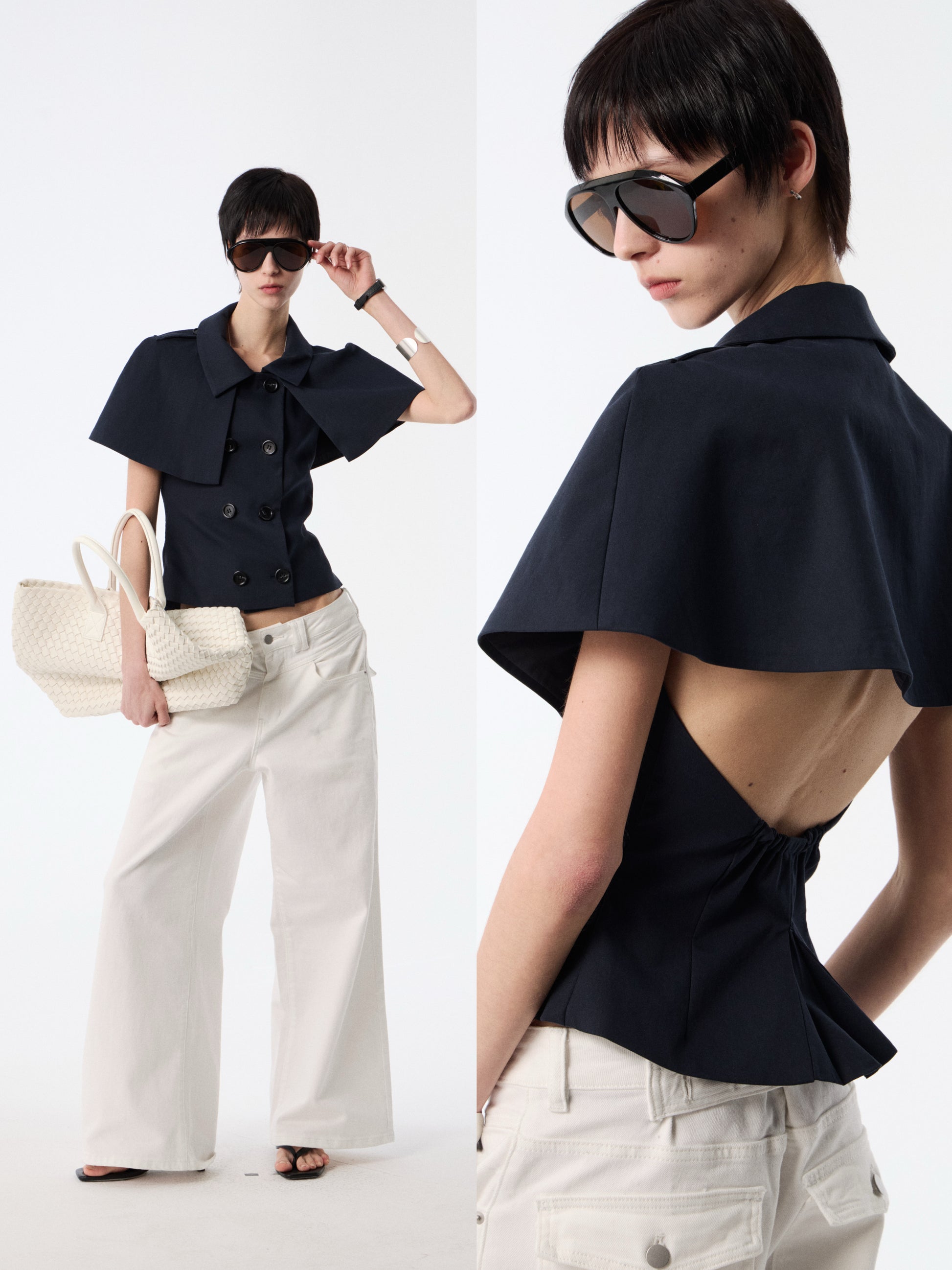 SOOGU Navy Open-Back Cape Blazer Top - product view 5