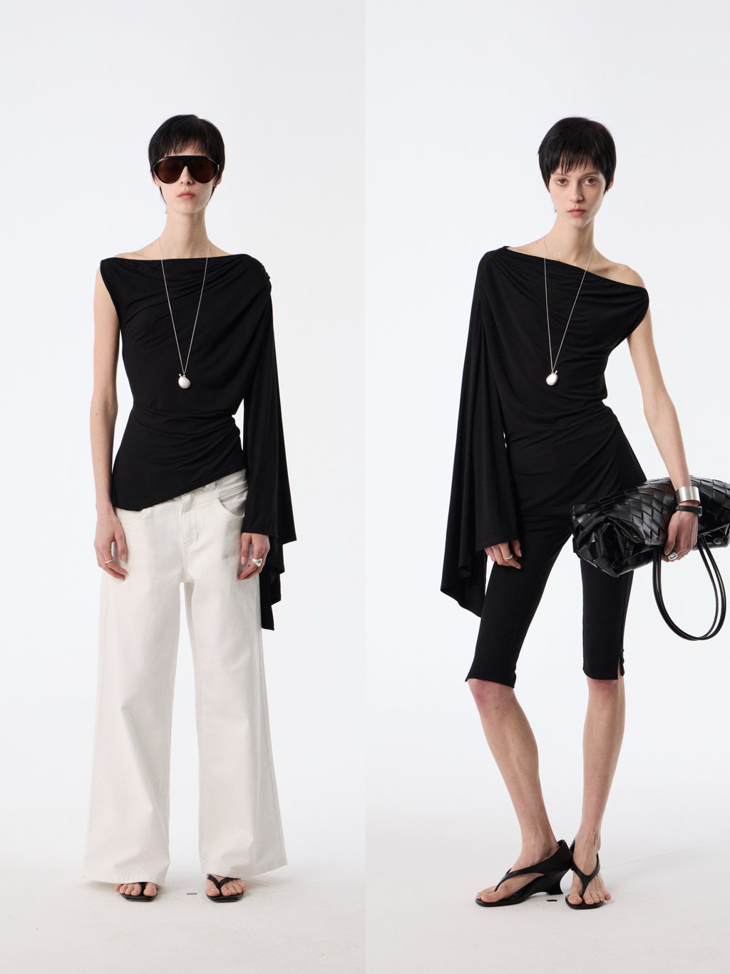 Black Drape-Shoulder Convertible Top | Ruched Cowl Neck Waist-Sculpting Blouse