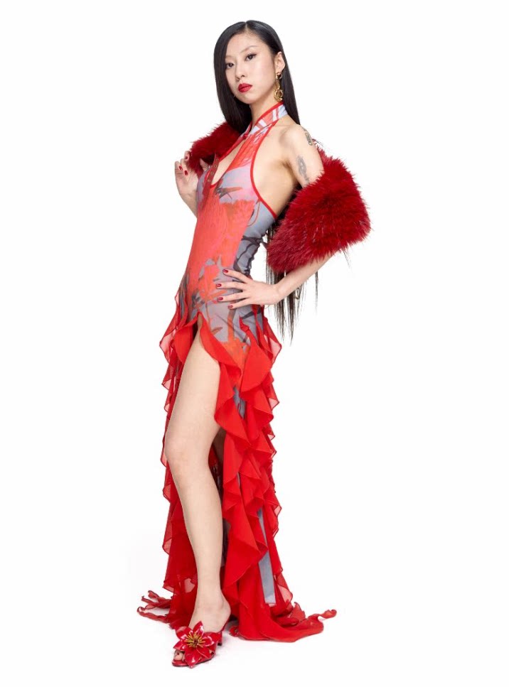 The Crimson "Metamorphosis" Neo-Chinese Ruffled Gown
