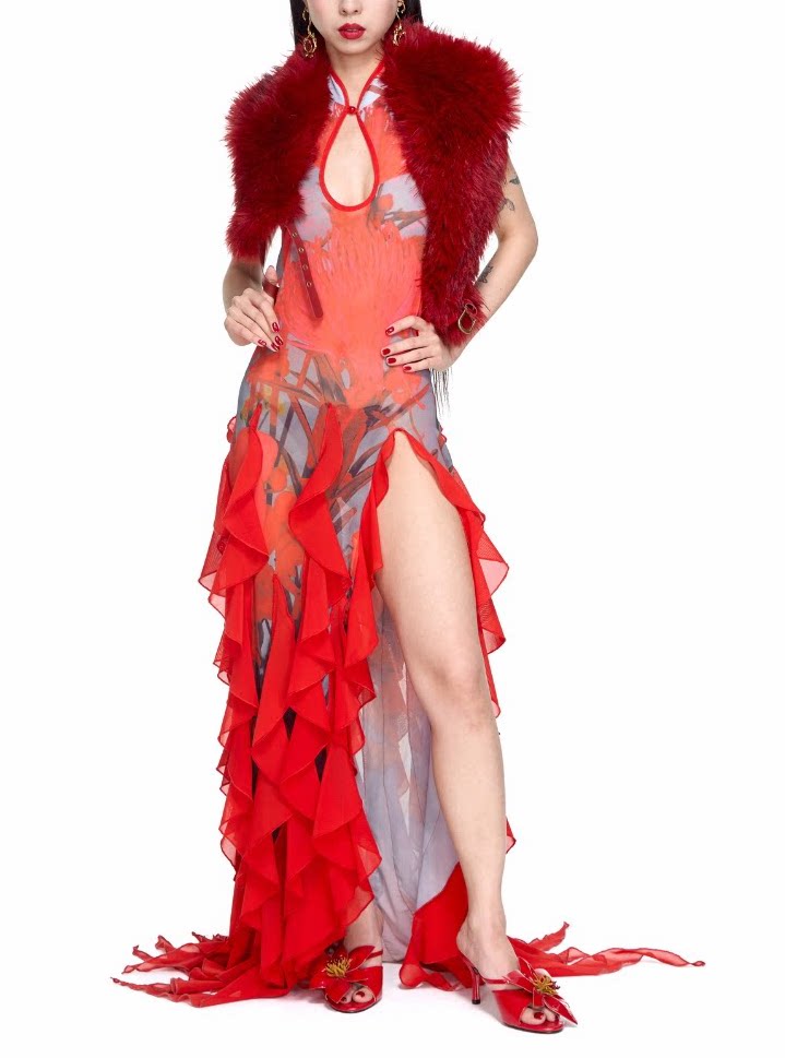 The Crimson "Metamorphosis" Neo-Chinese Ruffled Gown