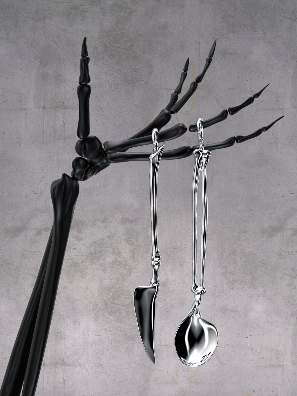 ingo | "Bony Ritual" Silver Cutlery Set – Artisan Bio-Organic Stainless Steel Knife, Fork & Spoon, Gothic Art Tableware