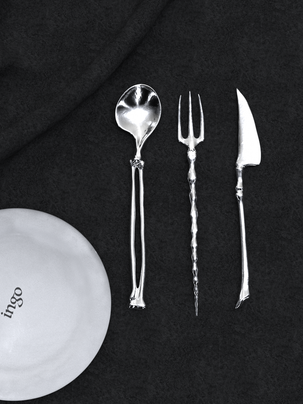 ingo | "Bony Ritual" Silver Cutlery Set – Artisan Bio-Organic Stainless Steel Knife, Fork & Spoon, Gothic Art Tableware