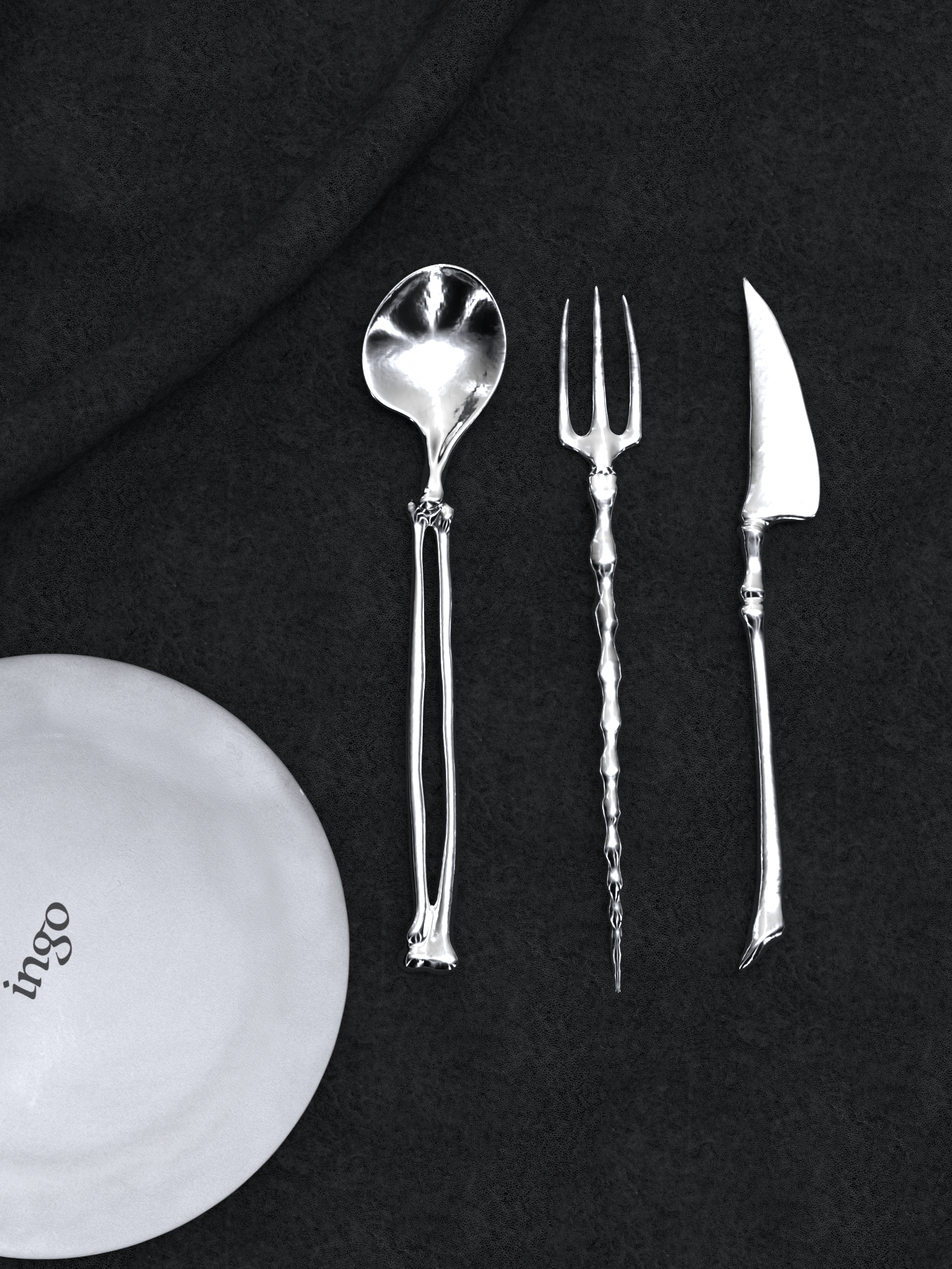 ingo | "Bony Ritual" Silver Cutlery Set – Artisan Bio-Organic Stainless Steel Knife, Fork & Spoon, Gothic Art Tableware