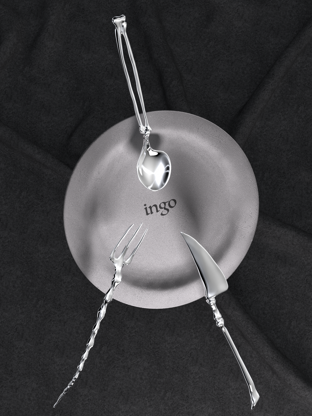 ingo | "Bony Ritual" Silver Cutlery Set – Artisan Bio-Organic Stainless Steel Knife, Fork & Spoon, Gothic Art Tableware