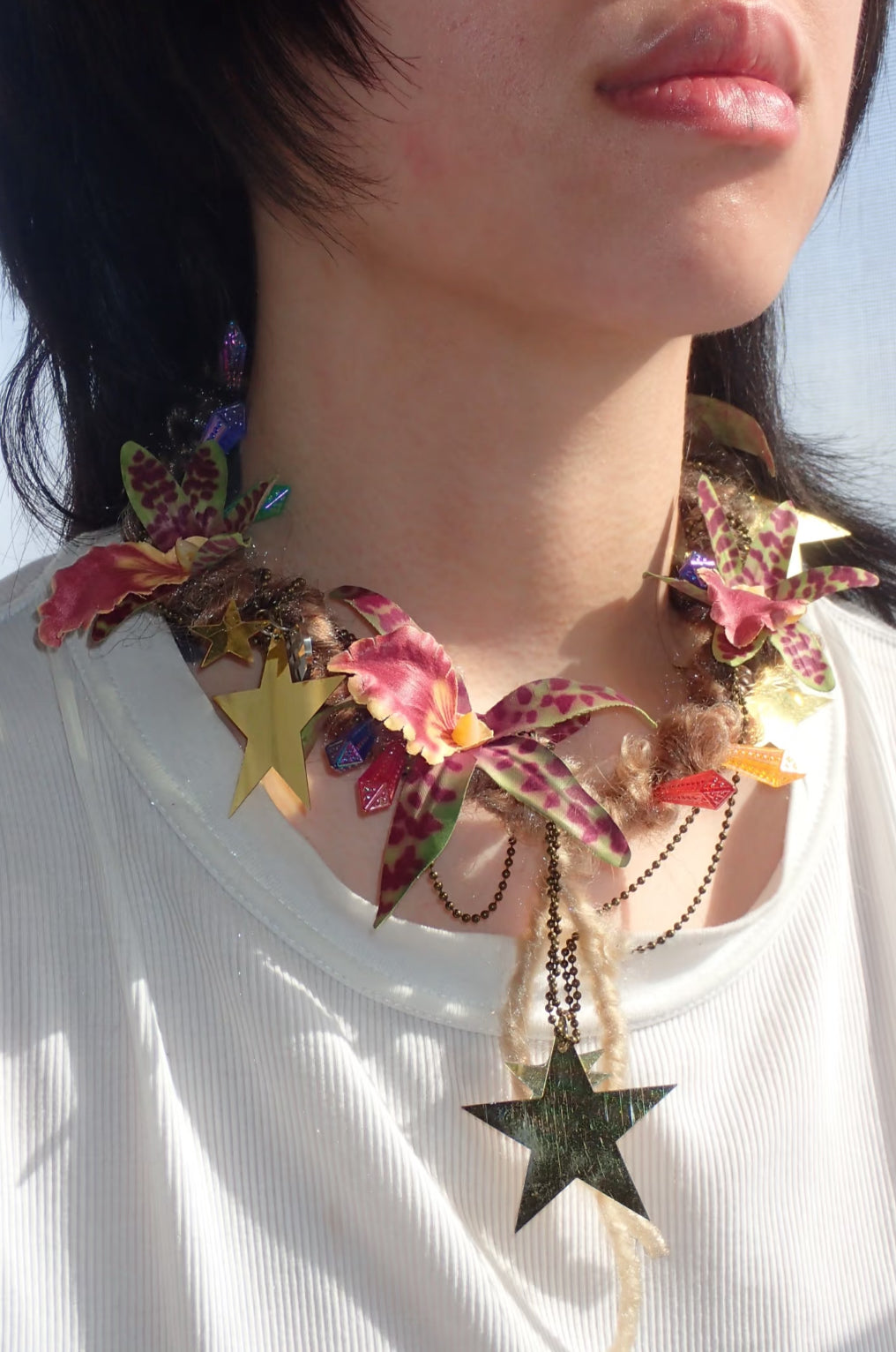 Handmade Orchid Star Necklace, Striped Floral Choker with Golden Stars, Unique Boho Statement Jewelry Gift| Strangefruit
