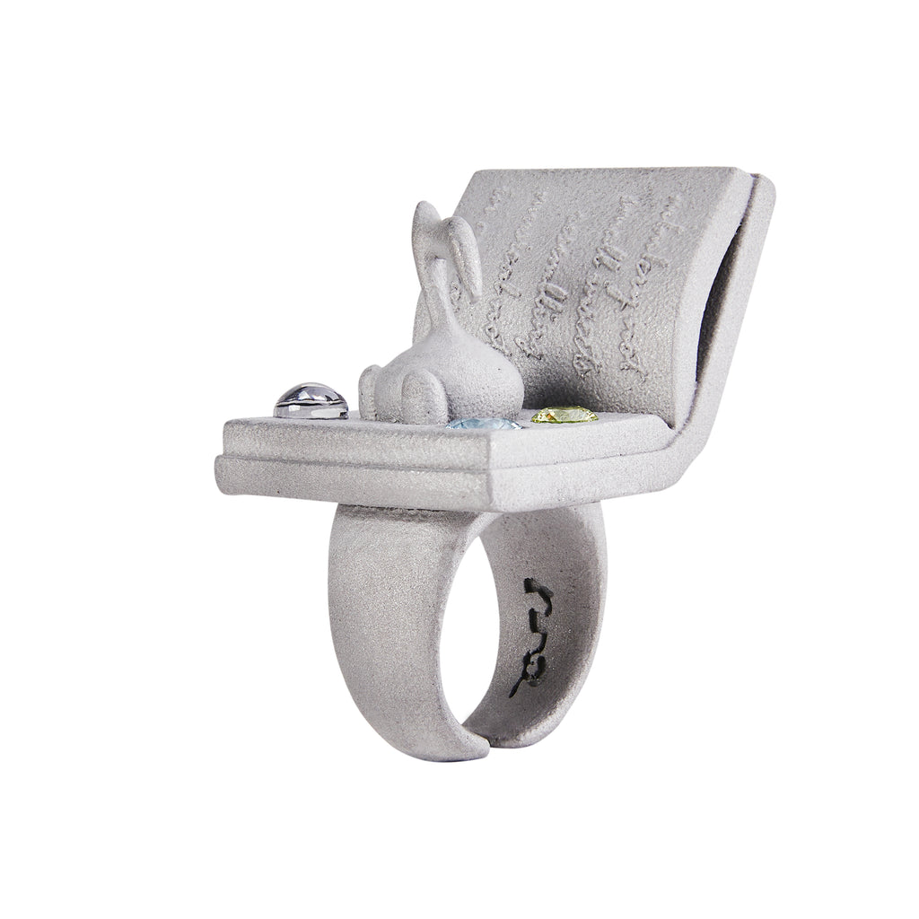 Stone Texture Melody Note Bug Ring – Grey Anodized Aluminum with Zircon Gems