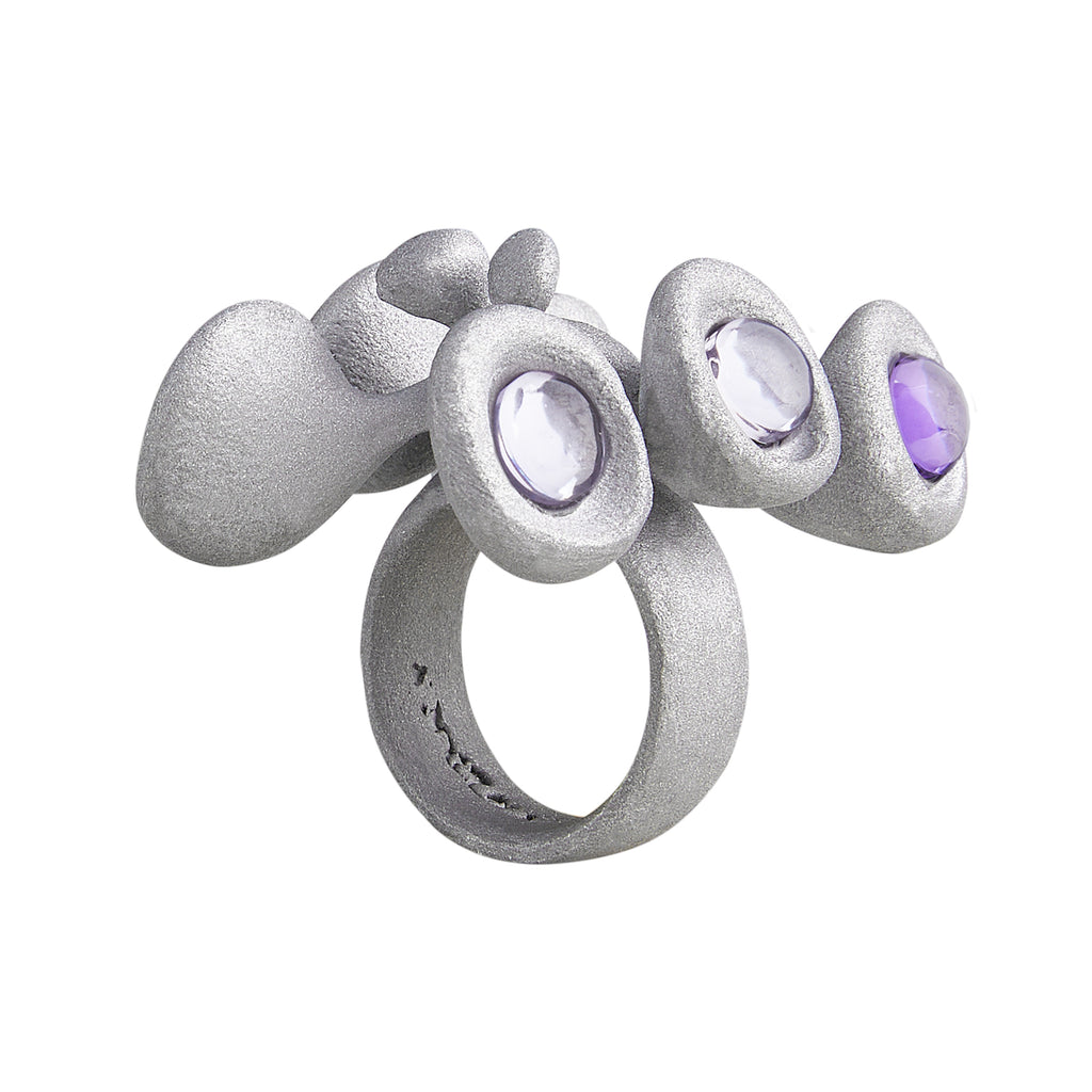 Unisex Chunky Metal Ring – Grey Sandblasted Aluminum with Purple Zircon, Stone Texture Party Horn Bug Jewelry