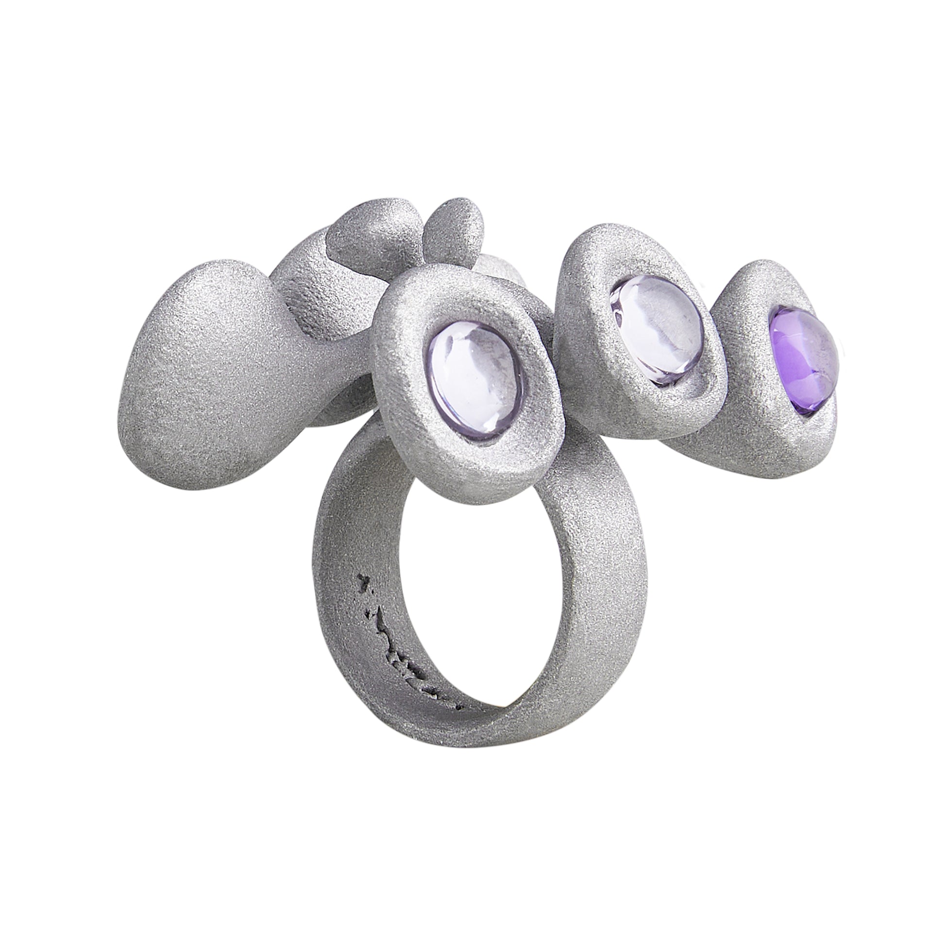 Unisex Chunky Metal Ring – Grey Sandblasted Aluminum with Purple Zircon, Stone Texture Party Horn Bug Jewelry