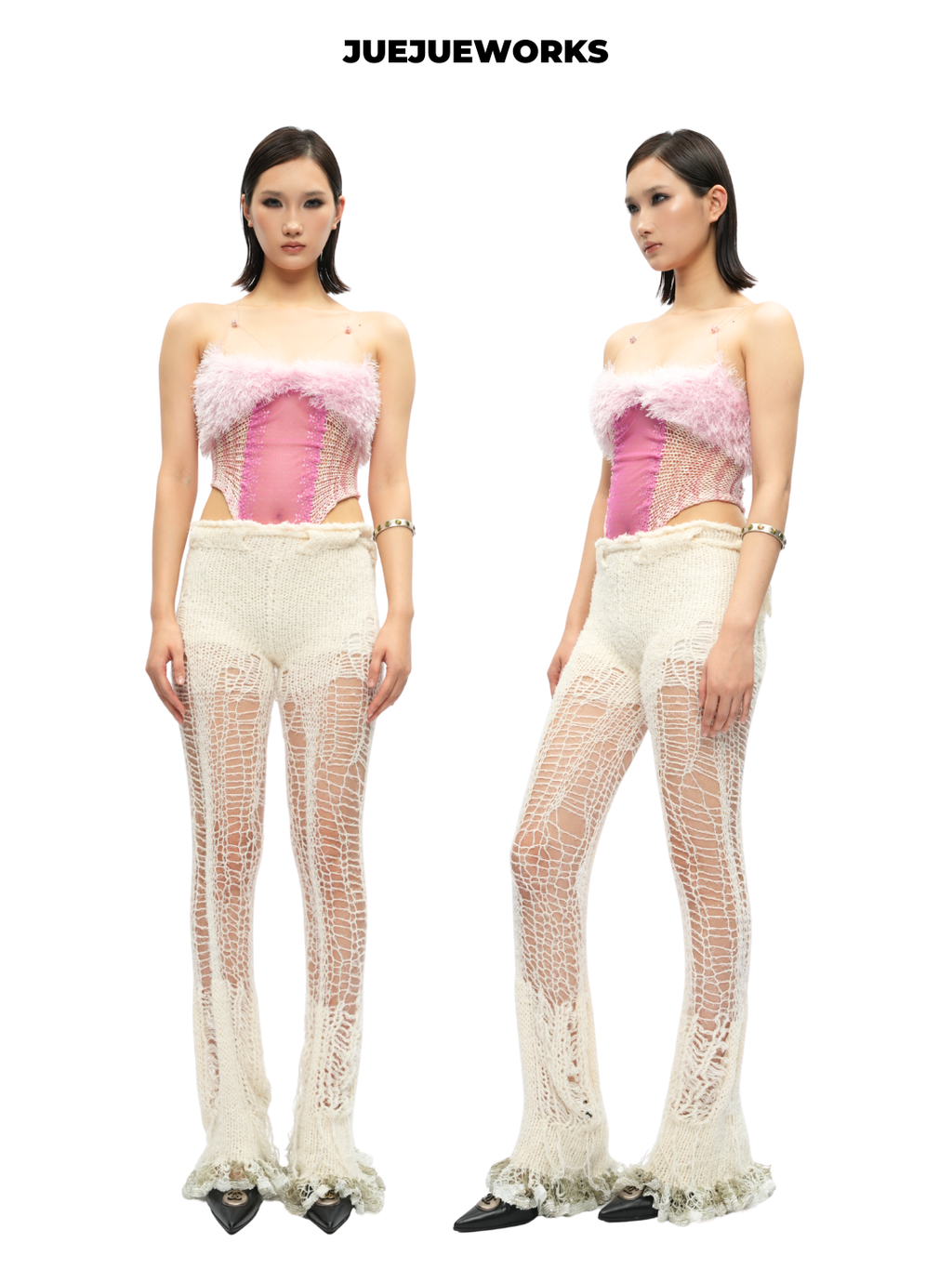 Pink Feather-Trim Mesh Corset Top