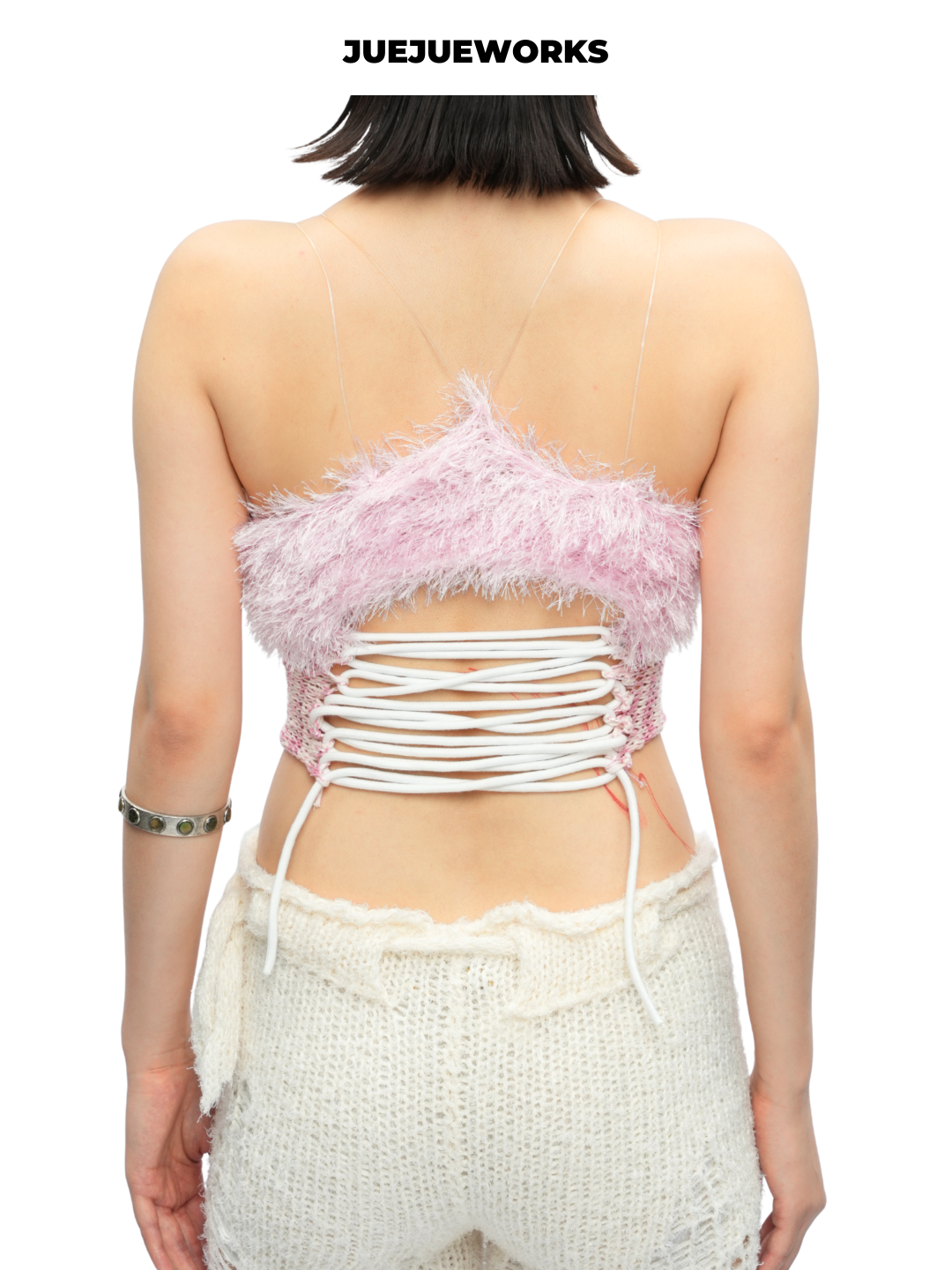 Pink Feather-Trim Mesh Corset Top