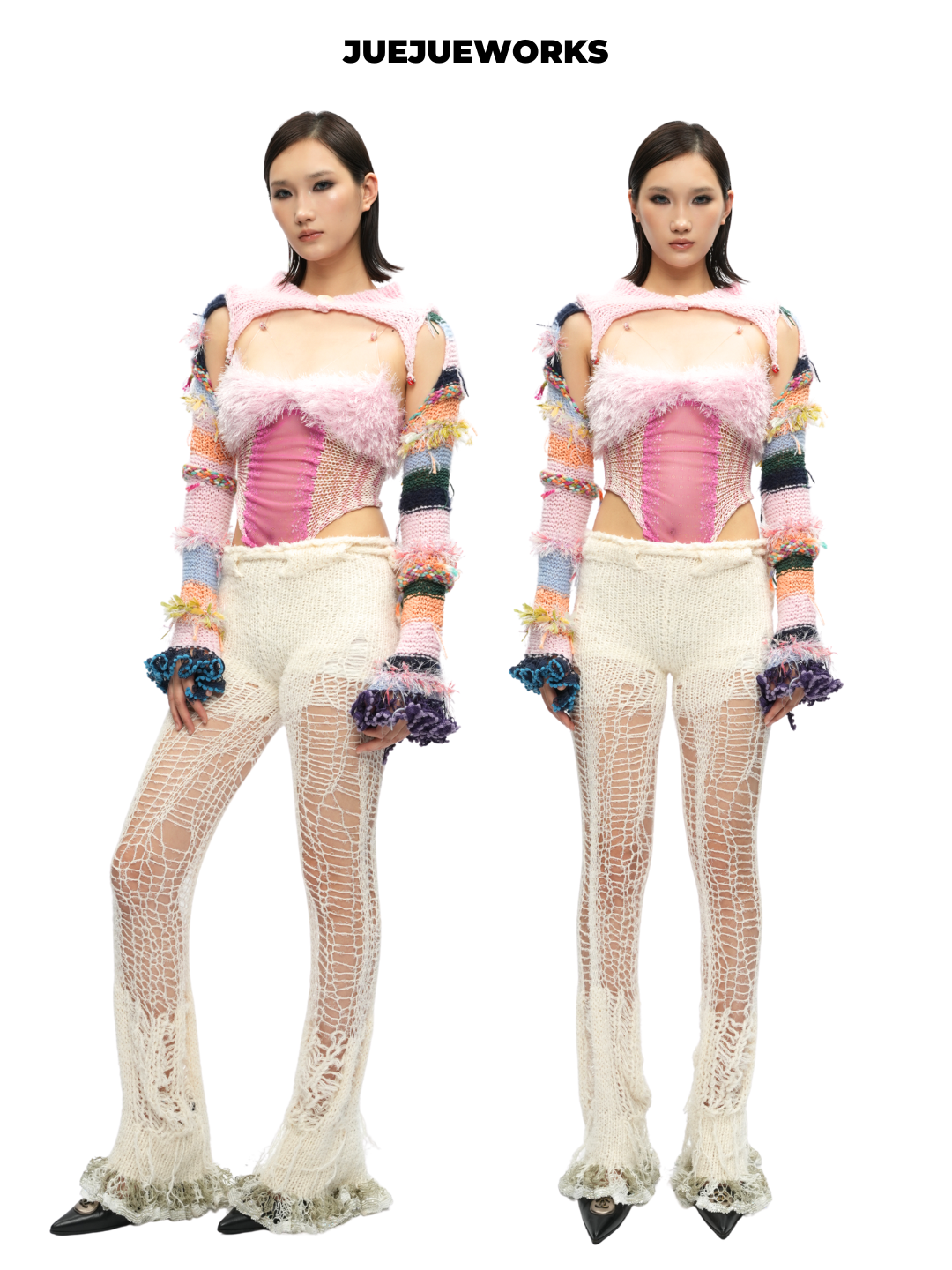 Pink Feather-Trim Mesh Corset Top