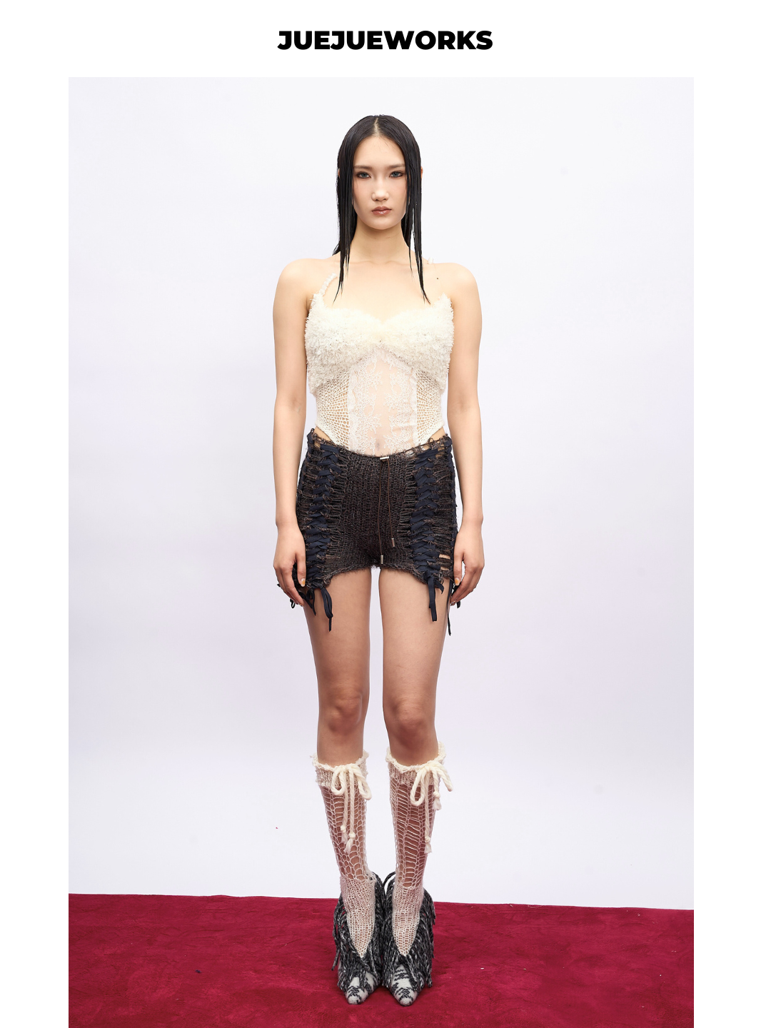 Ivory Feather-Trim Knit Corset Top