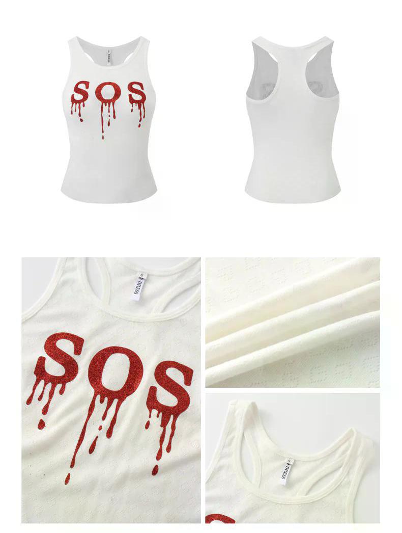 Red "SOS" Glitter White Tank Top