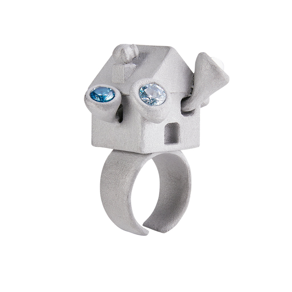 Stone Texture Metal Ring – House Horn Bug Design, Aluminum with Blue Zircon