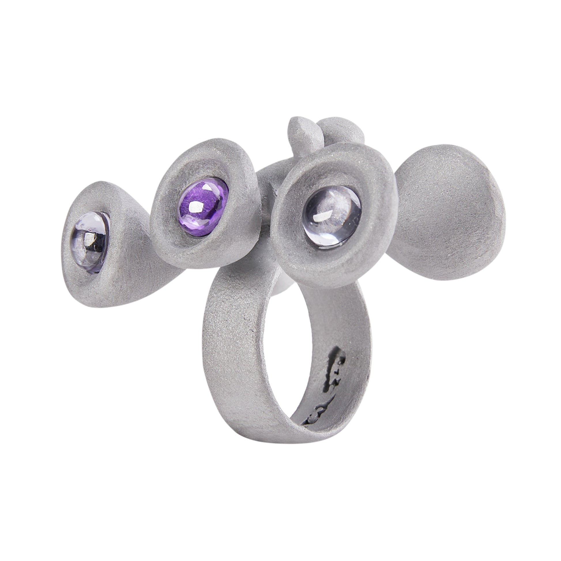 Unisex Chunky Metal Ring – Grey Sandblasted Aluminum with Purple Zircon, Stone Texture Party Horn Bug Jewelry