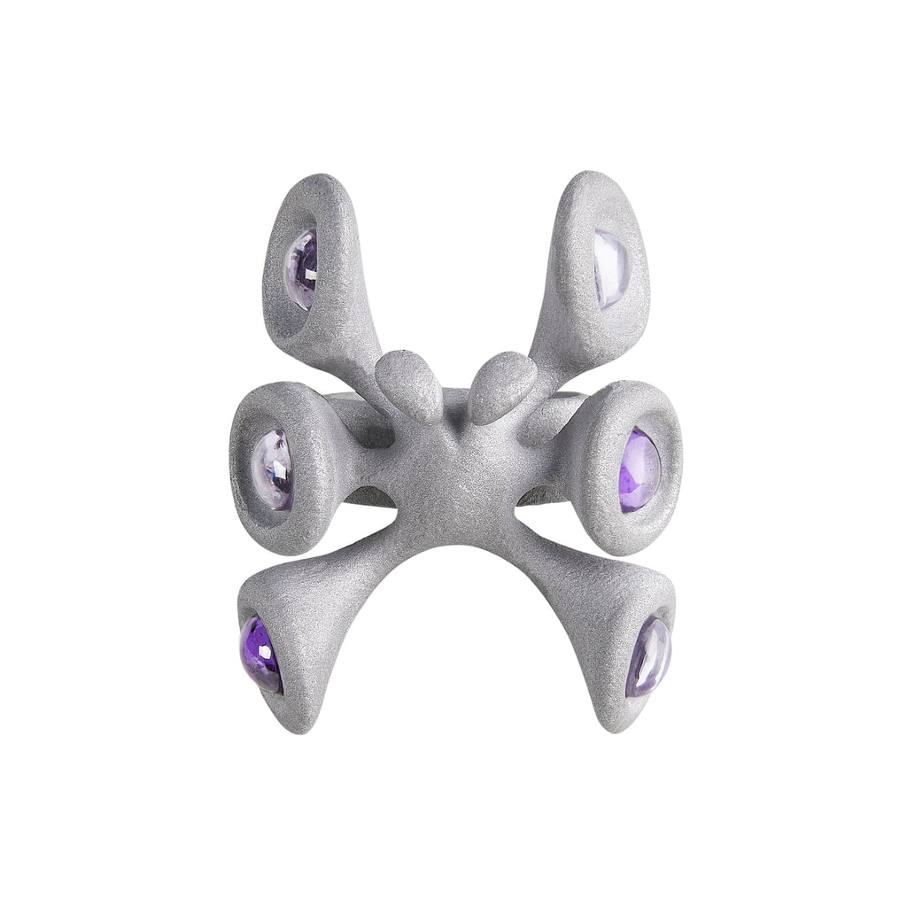 Unisex Chunky Metal Ring – Grey Sandblasted Aluminum with Purple Zircon, Stone Texture Party Horn Bug Jewelry