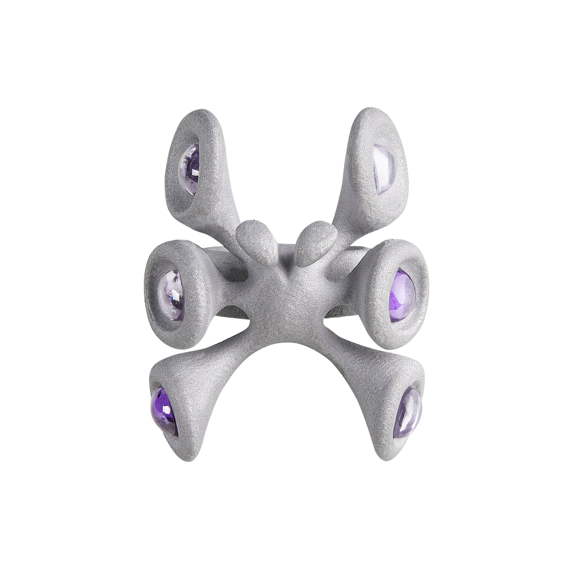 Unisex Chunky Metal Ring – Grey Sandblasted Aluminum with Purple Zircon, Stone Texture Party Horn Bug Jewelry