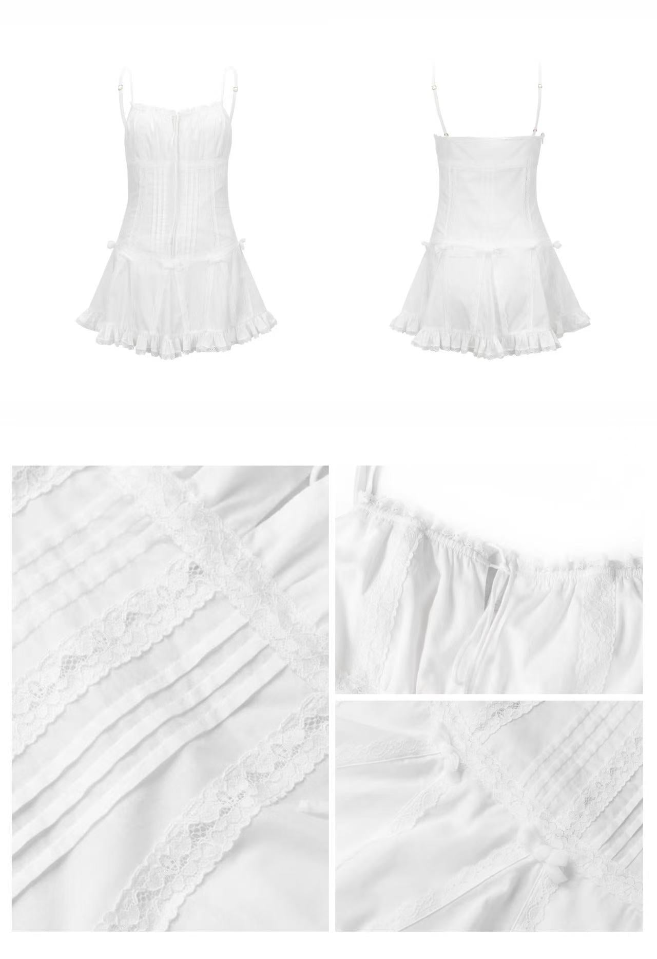 Nodress white lace trim pleated cotton dress