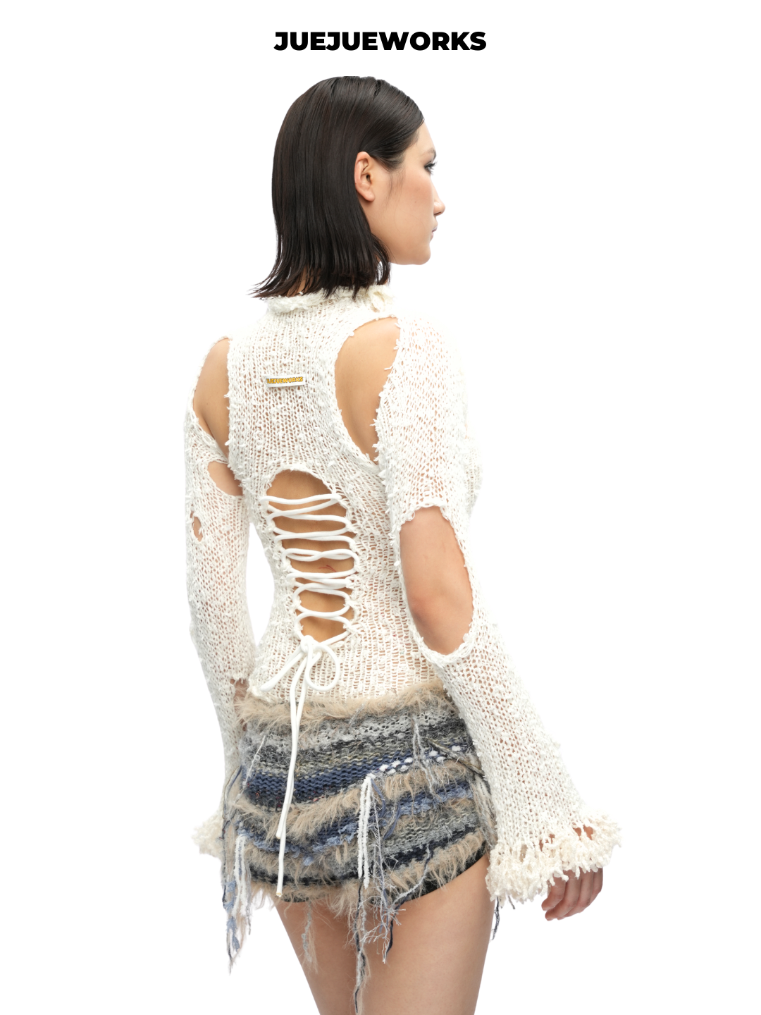 White & Purple Raw-Cut Knit Long-Sleeve Top
