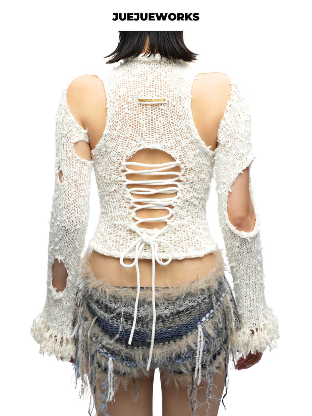 White & Purple Raw-Cut Knit Long-Sleeve Top