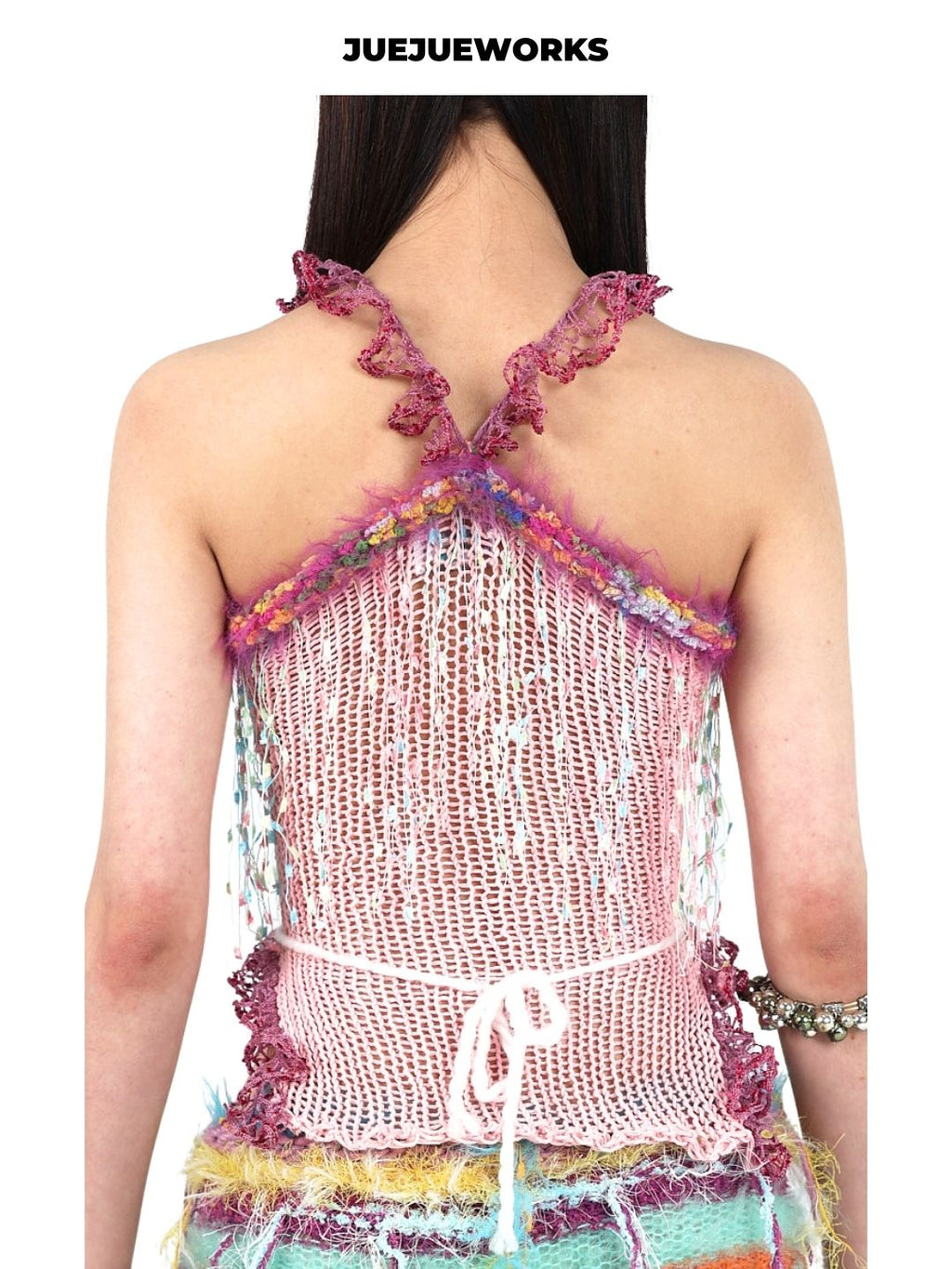 Pink Fringe Lace-Up Knit Top