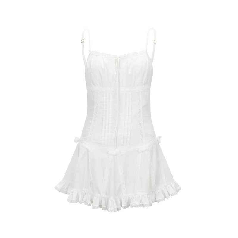 Nodress white lace trim pleated cotton dress
