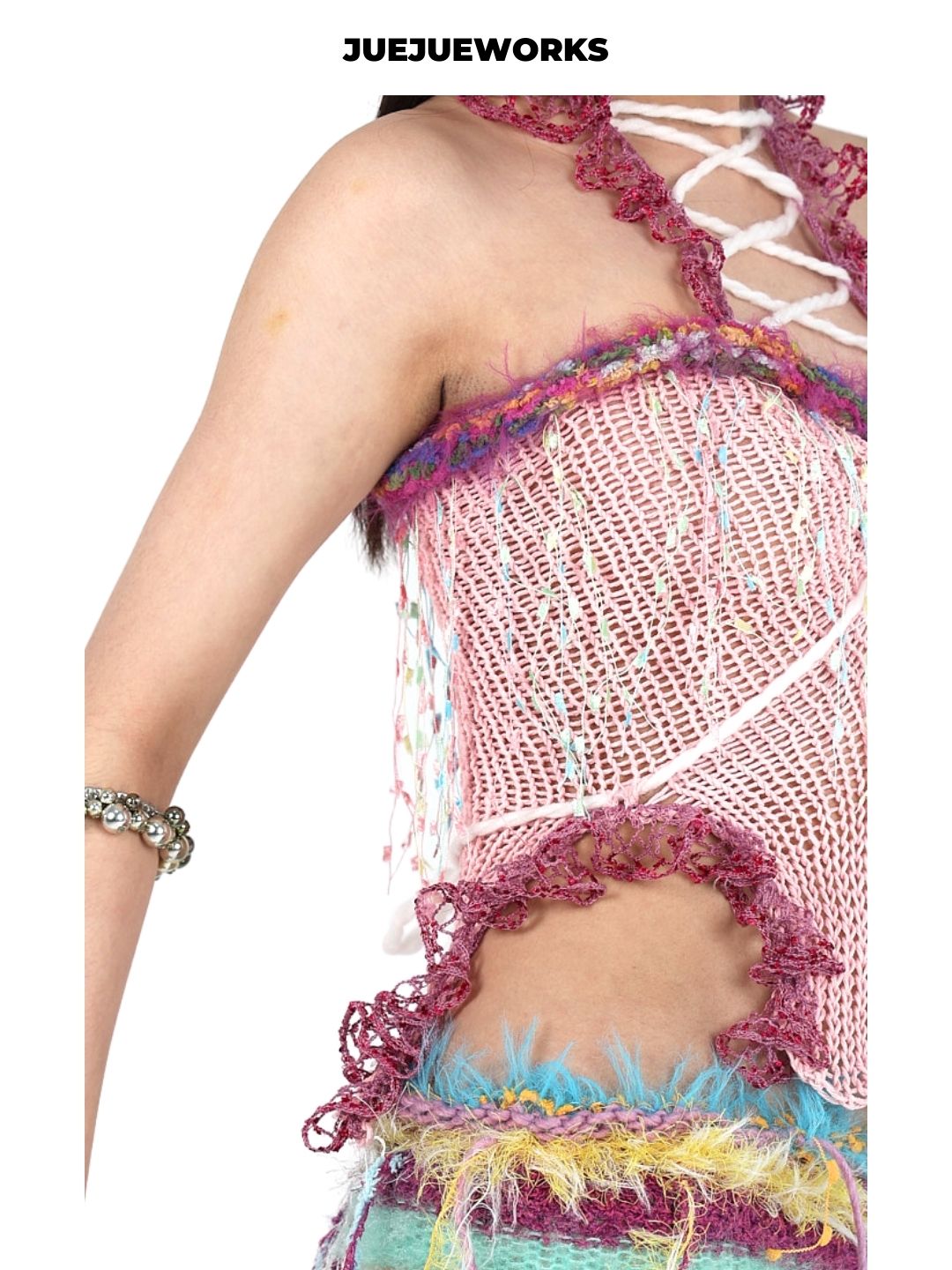 Pink Fringe Lace-Up Knit Top