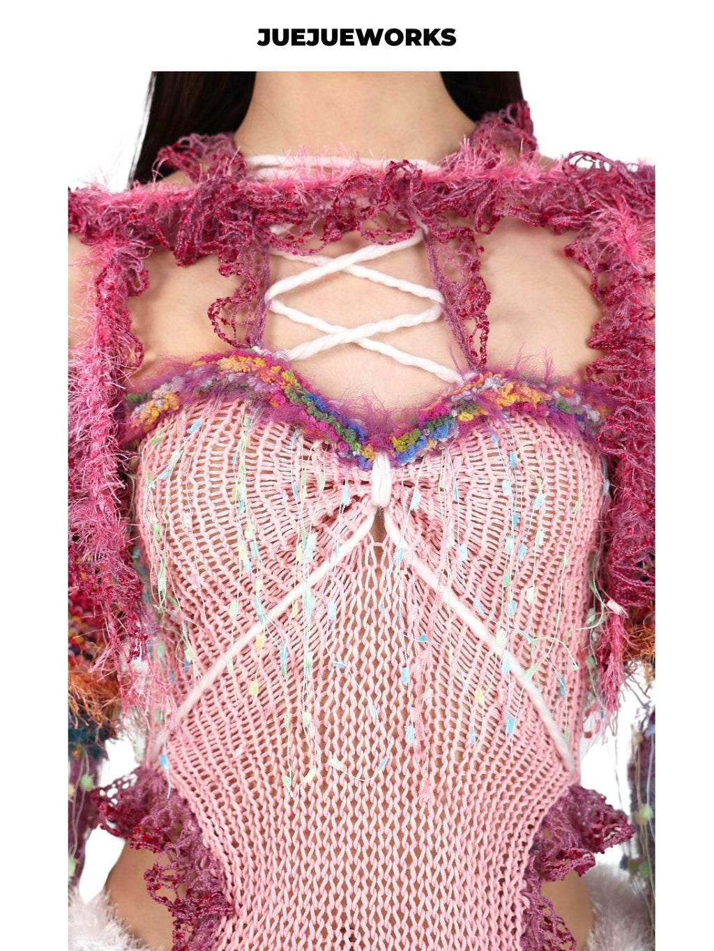 Pink Fringe Lace-Up Knit Top
