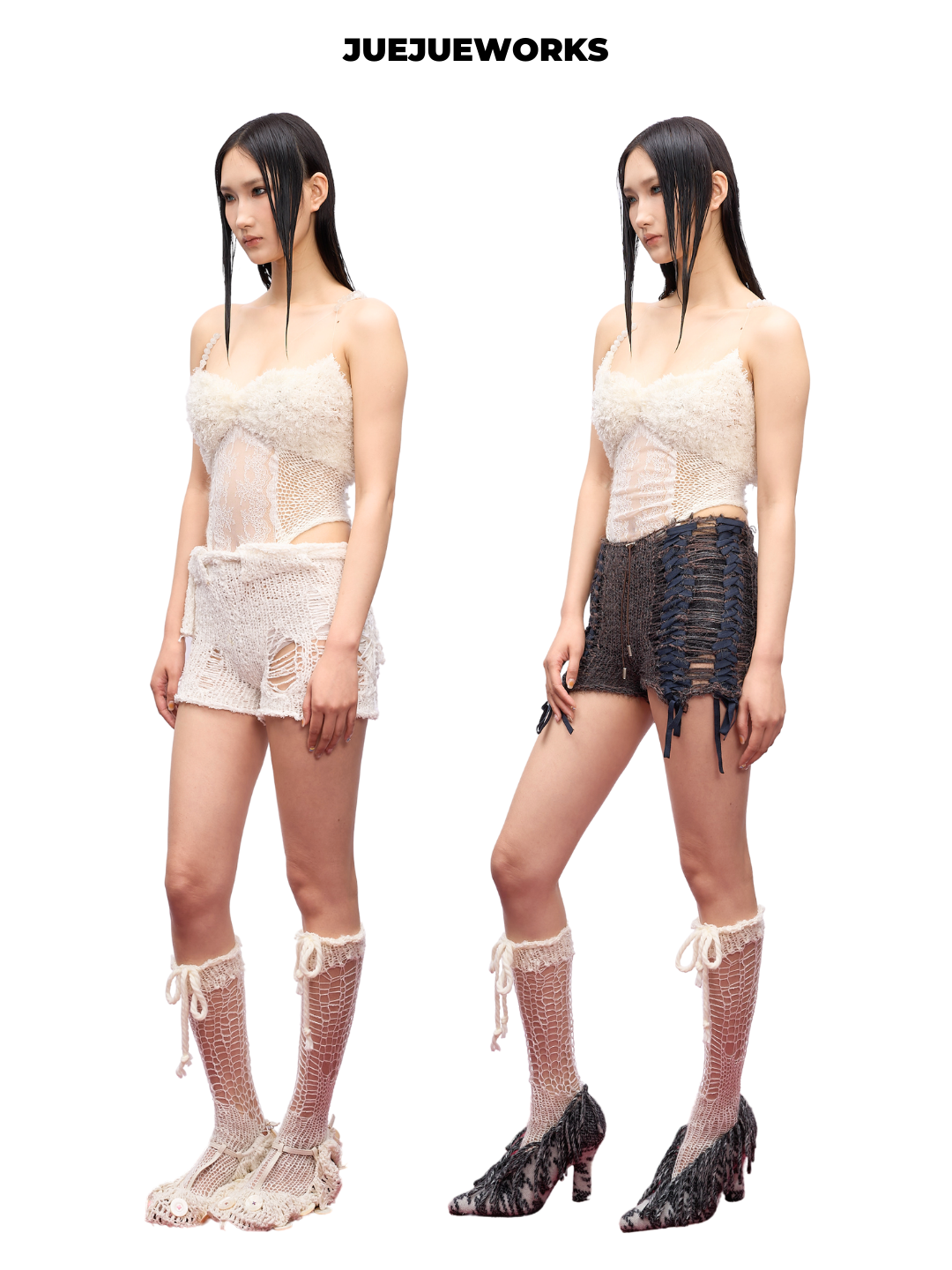 White Ripped Knit Knee-High Socks
