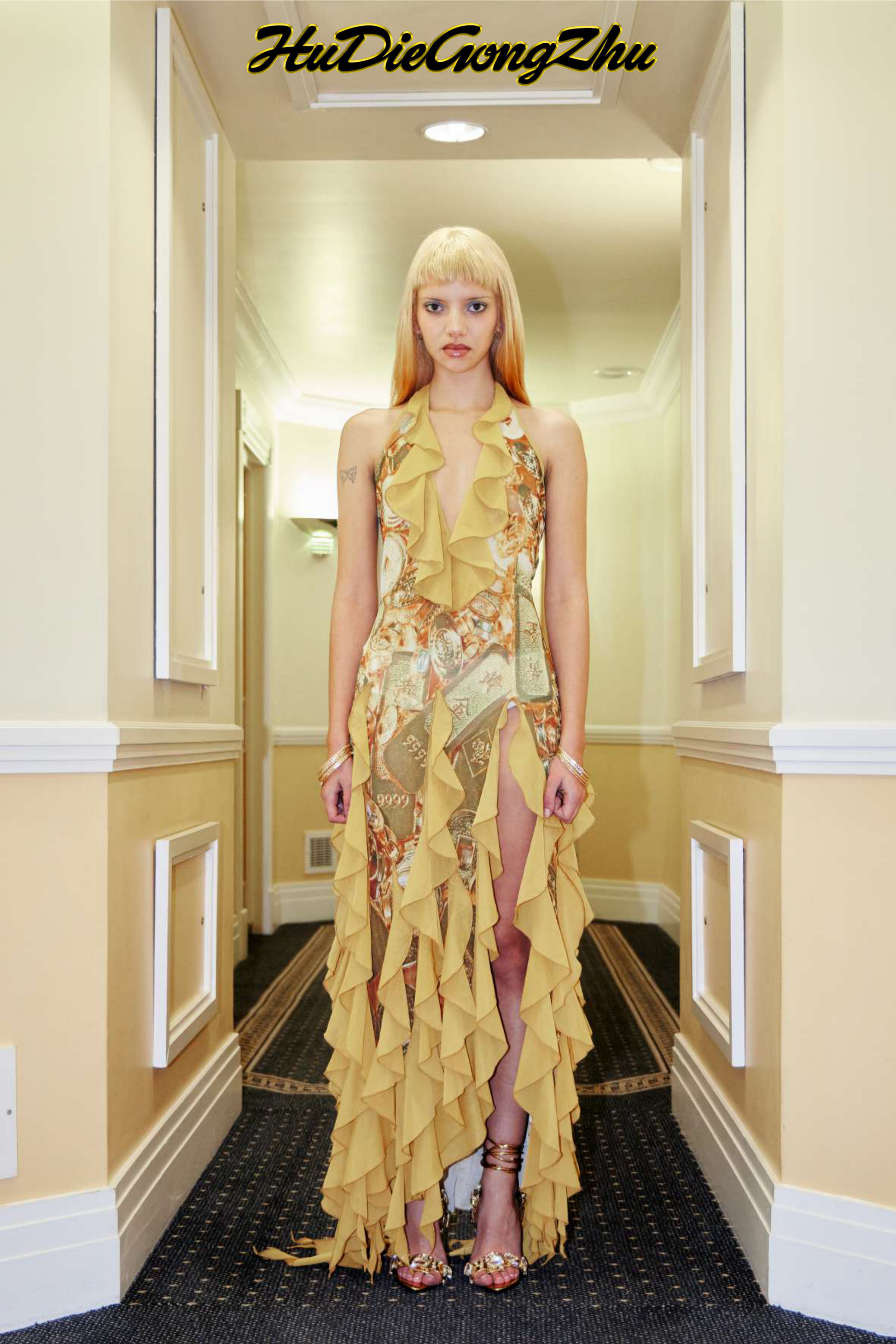 Gold Print Frill Dress
