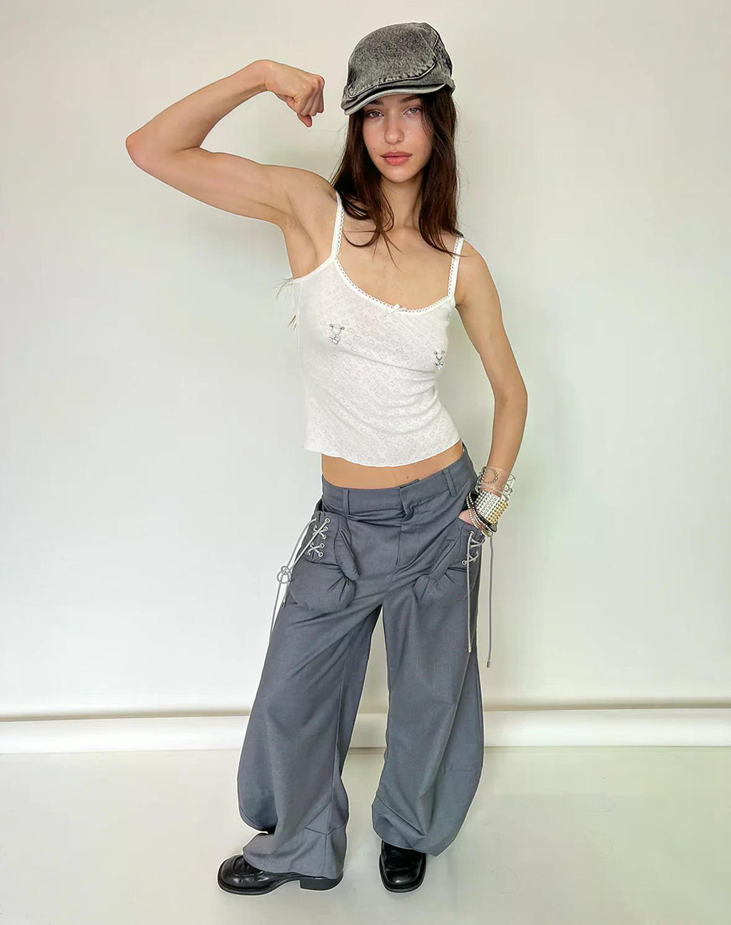 Gray Boxing Glove Low-Rise Suit Pants