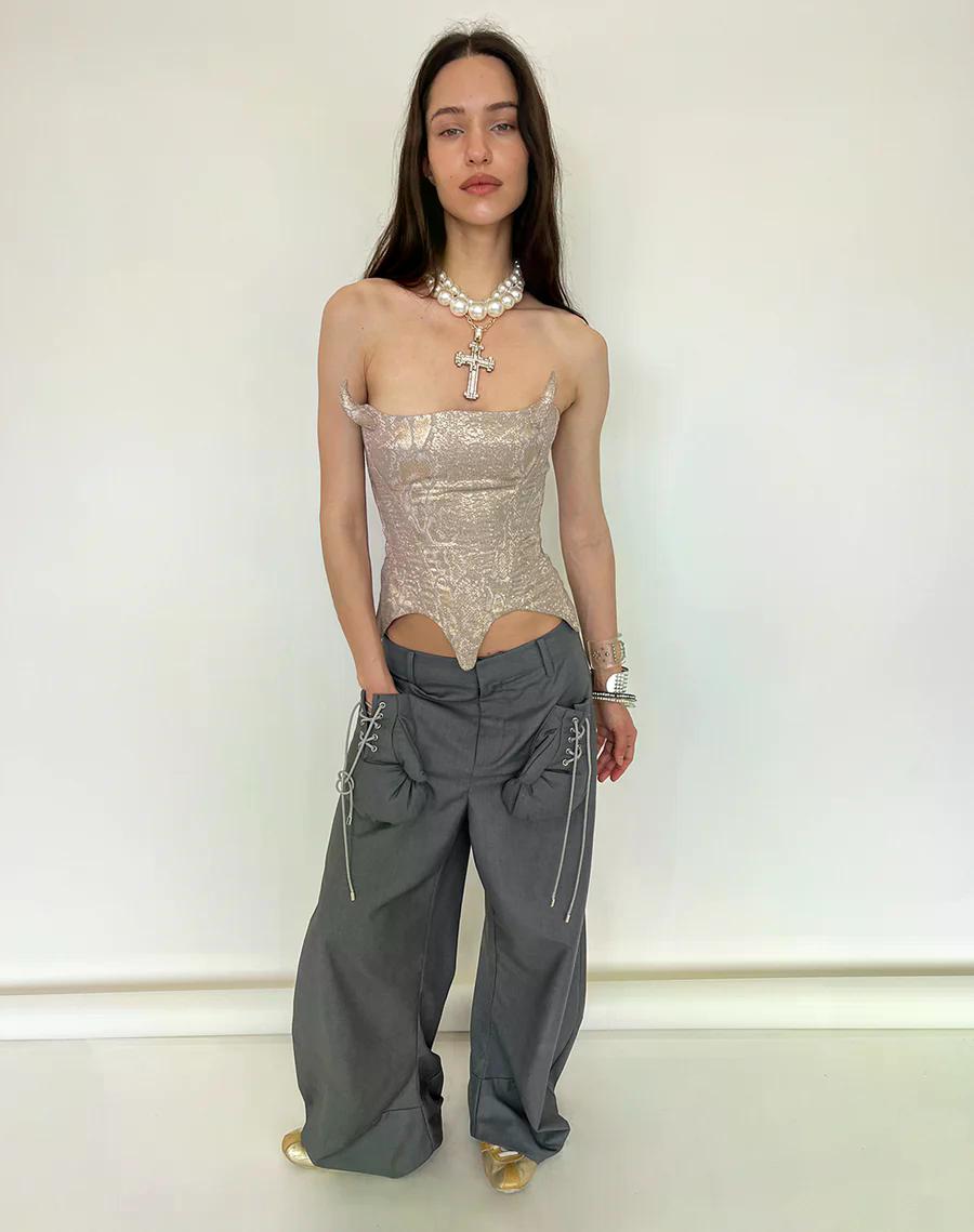 Gray Boxing Glove Low-Rise Suit Pants