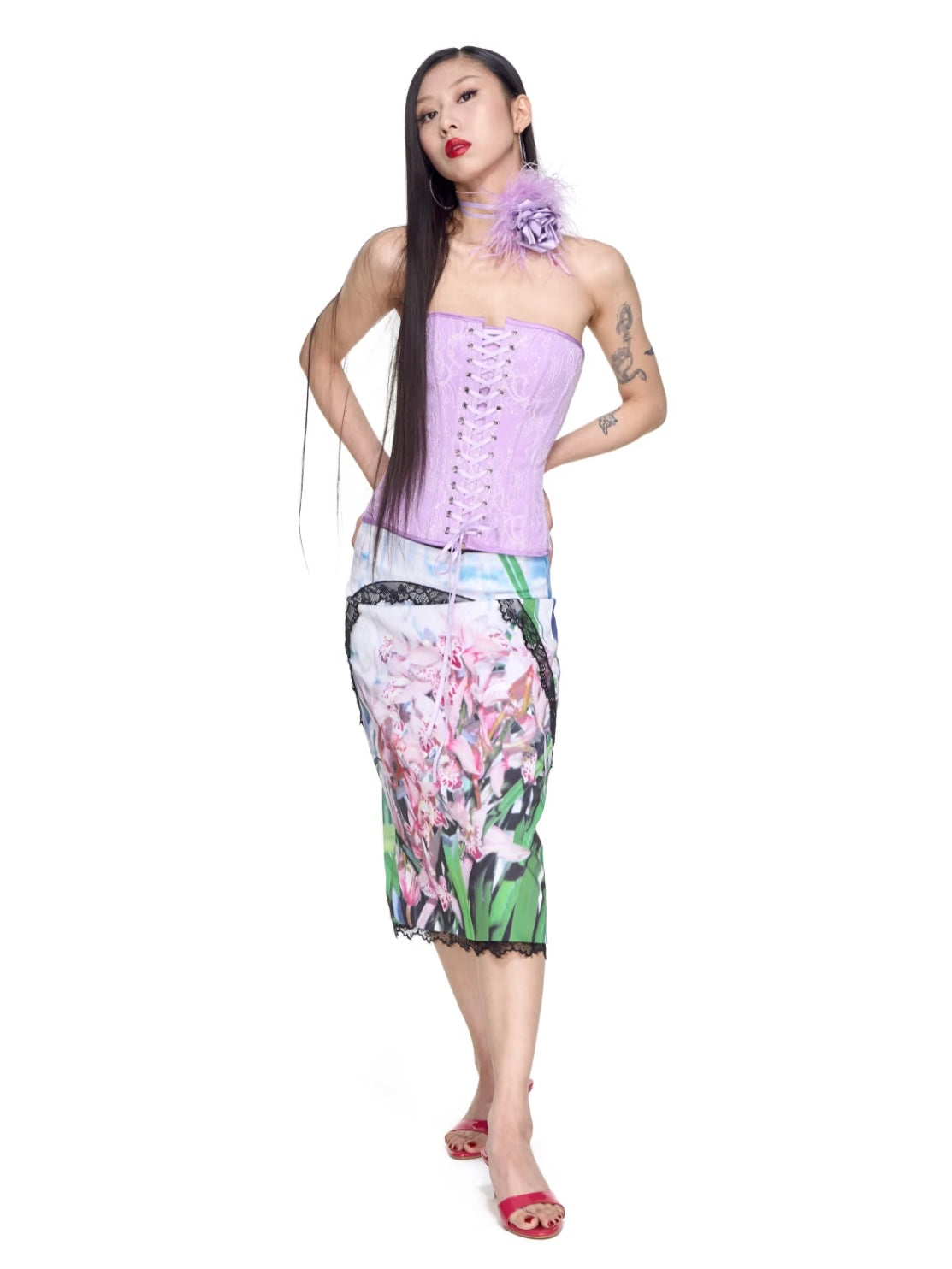 Orchid Print Lace Skirt