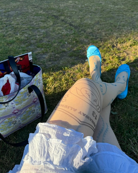 Blue Tattoo Print Sheer Skin Tights